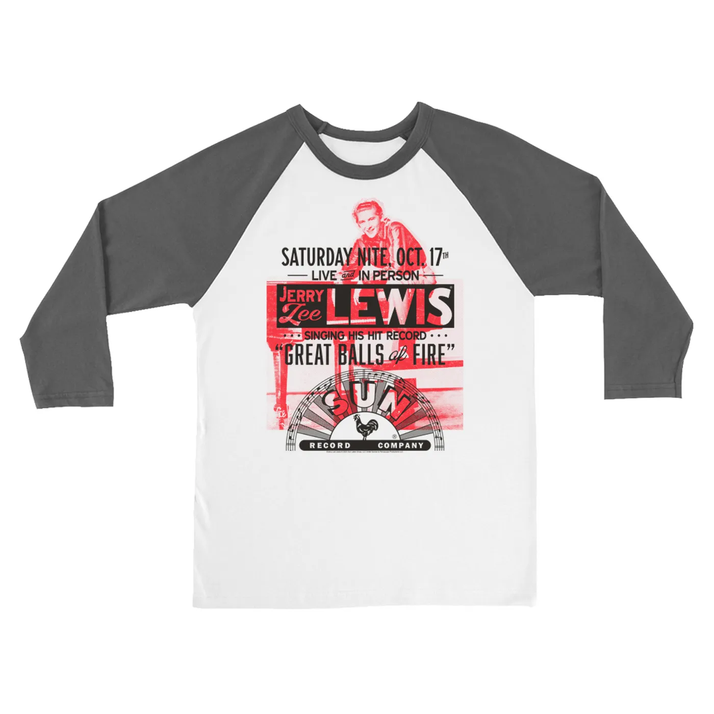 Jerry Lee Lewis Sun Records 3/4 Sleeve Baseball Tee | Great Balls of Fire Live In Concert Sun Records Shirt