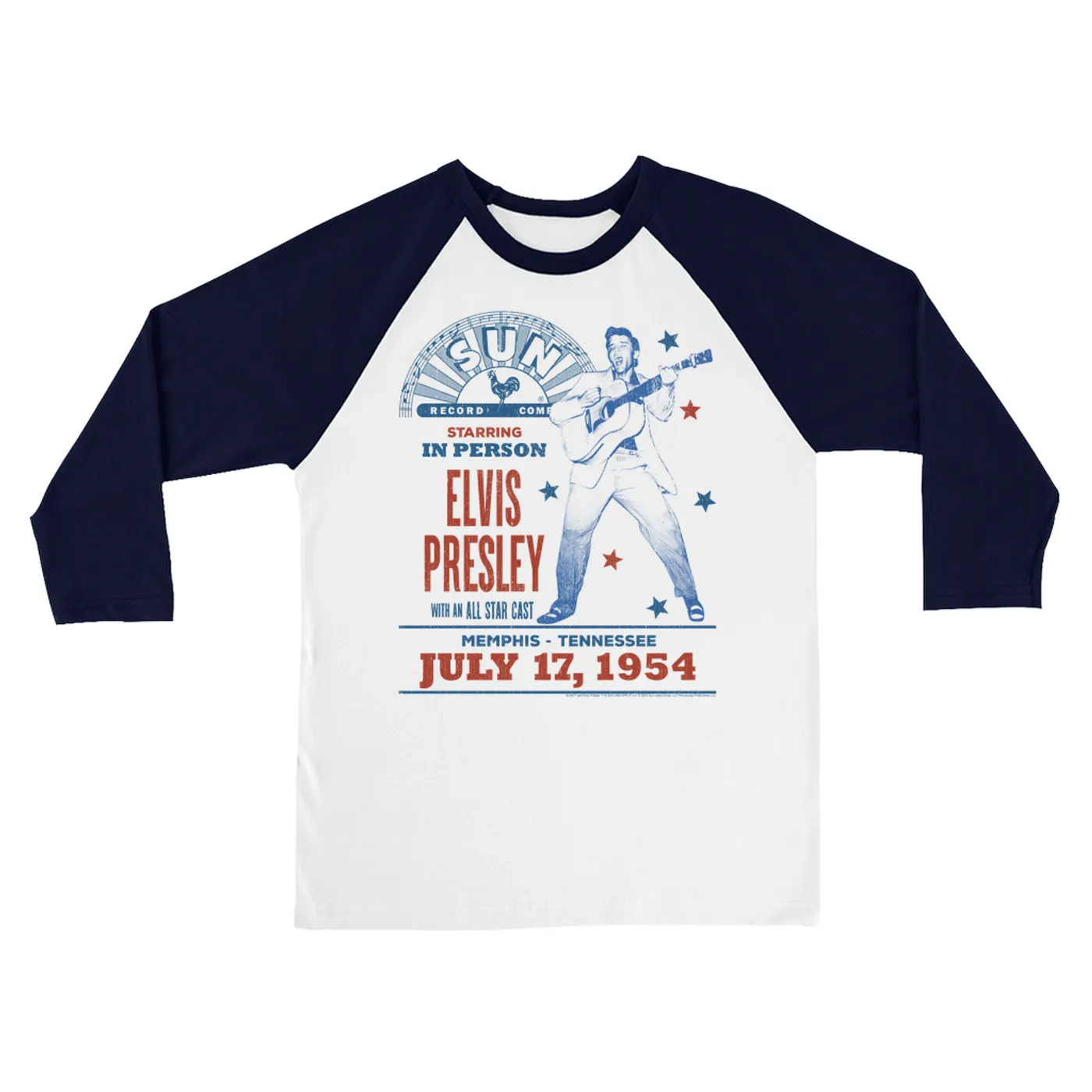 Elvis Presley Sun Records 3/4 Sleeve Baseball Tee | Memphis Tennessee July 1954 Concert Sun Records Shirt