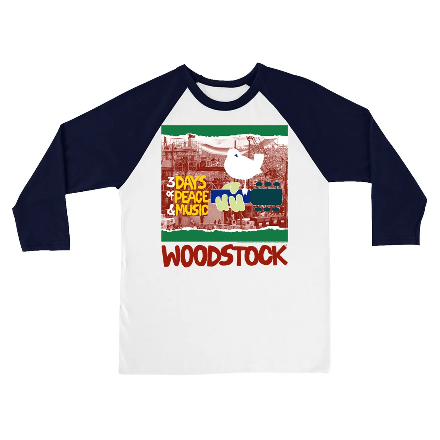Woodstock 3/4 Sleeve Baseball Tee | Red, Green 3 Days Of Peace Structure Design (Merchbar Exclusive) Woodstock Shirt