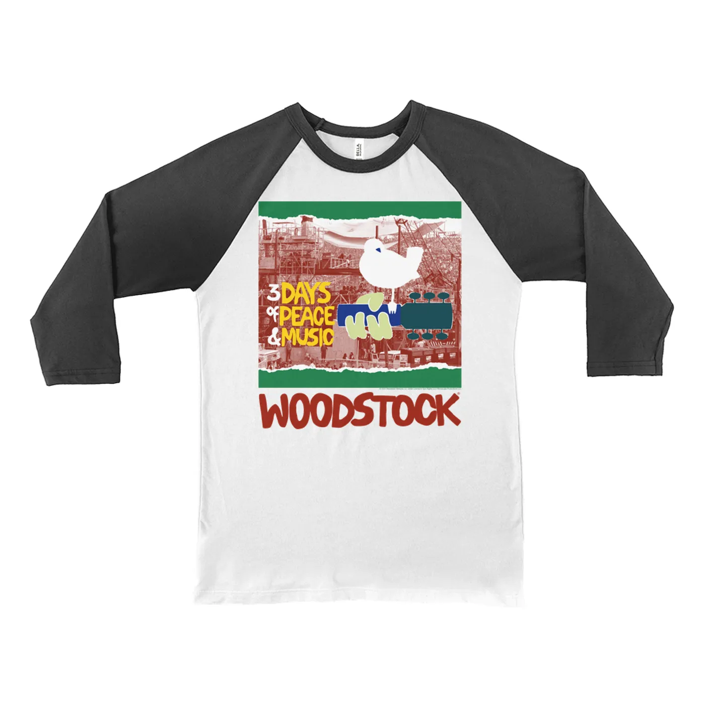 Woodstock 3/4 Sleeve Baseball Tee | Red, Green 3 Days Of Peace Structure Design (Merchbar Exclusive) Woodstock Shirt