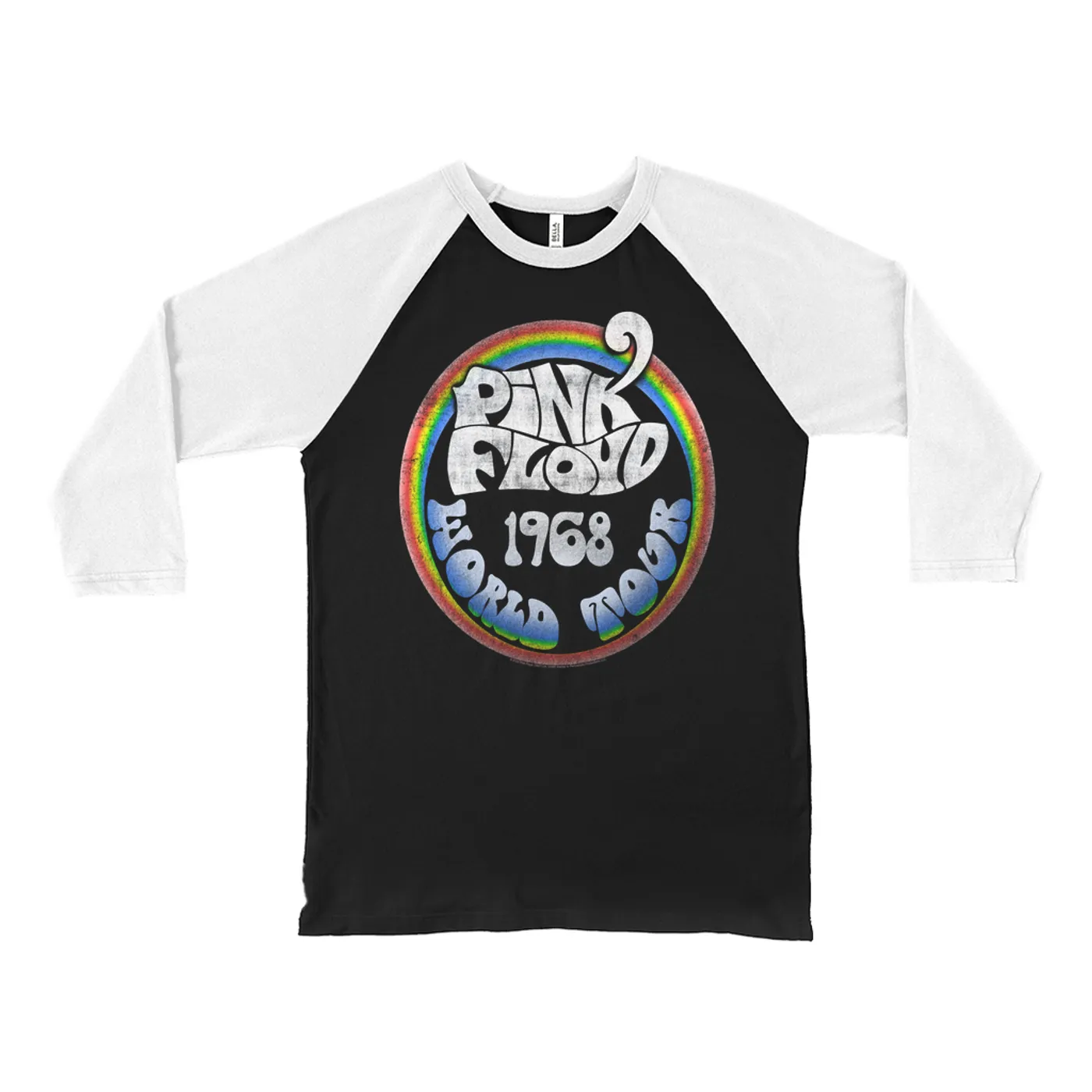 Pink Floyd 3/4 Sleeve Baseball Tee | Rainbow Ombre 1968 World Tour Design Distressed Pink Floyd Shirt