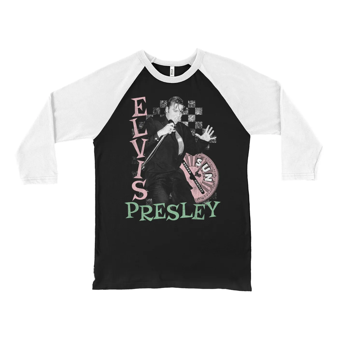Elvis Presley Sun Records 3/4 Sleeve Baseball Tee | Pink Green Singing Checkered Design (Merchbar Exclusive) Sun Records Shirt