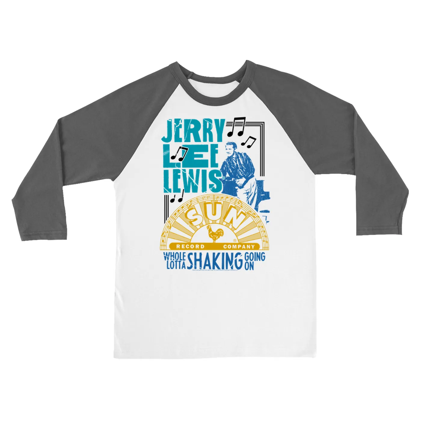 Jerry Lee Lewis Sun Records 3/4 Sleeve Baseball Tee | Whole Lotta Shaking Going On Design Sun Records Shirt