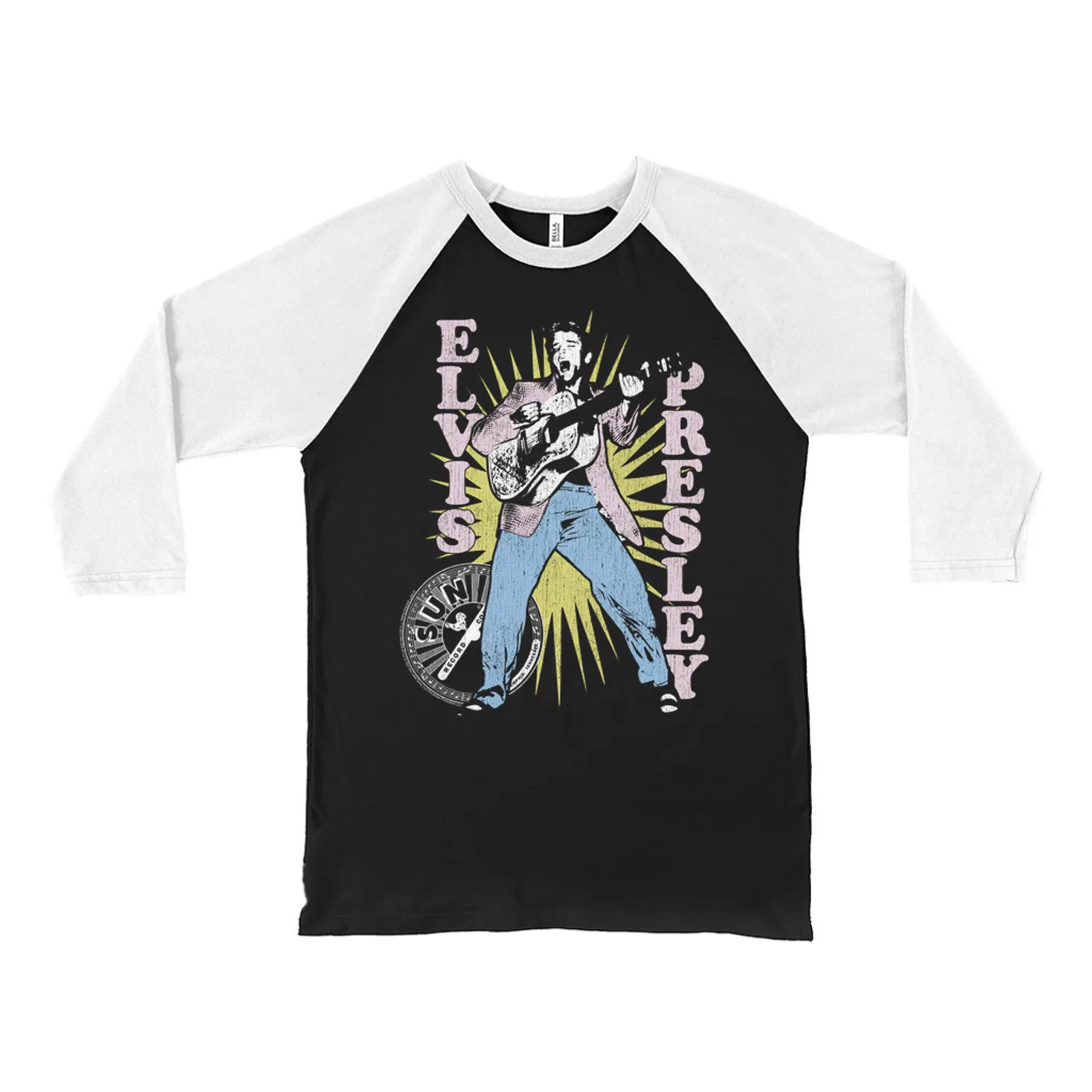 Sun Records 3/4 Sleeve Baseball Tee | Singing Elvis In Burst Distressed (Merchbar Exclusive) Sun Records Shirt