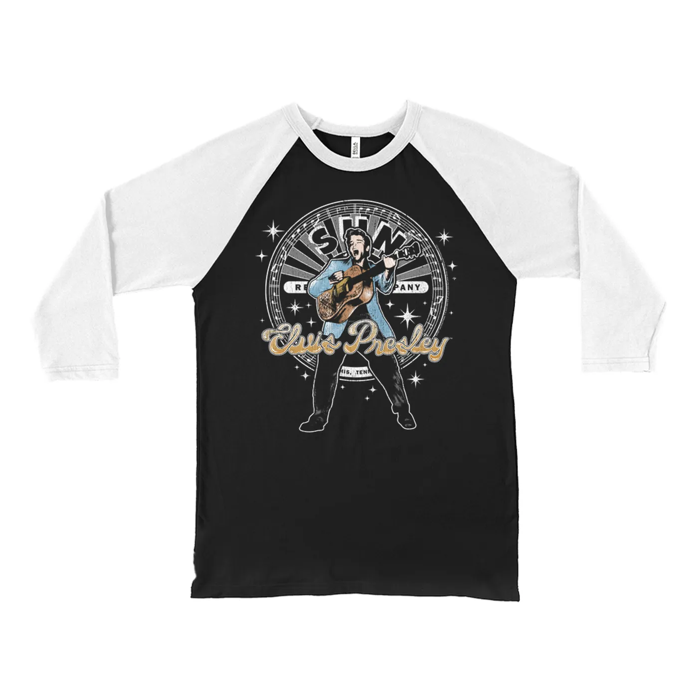 Sun Records 3/4 Sleeve Baseball Tee | Singing Elvis With Record Label Logo Sun Records Shirt