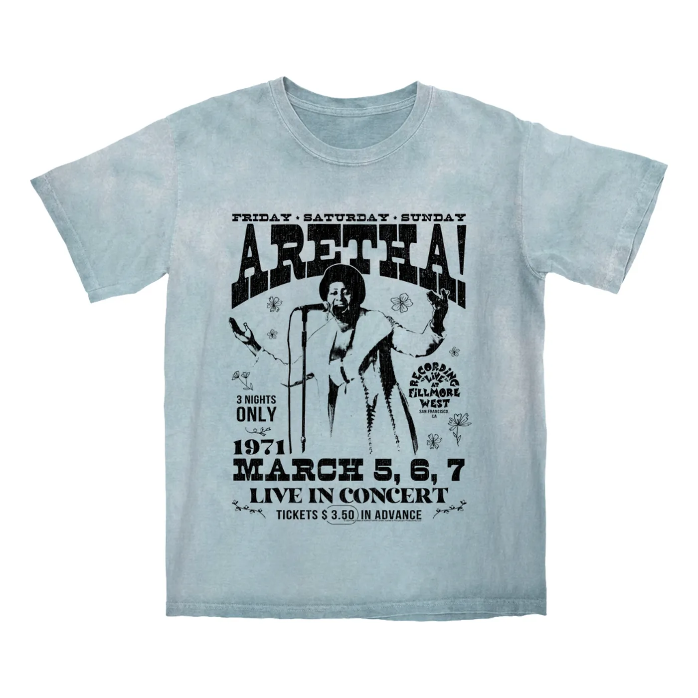 Aretha Franklin T-shirt | Live In Concert Fillmore West 1971 Aretha Franklin Color Blast Shirt