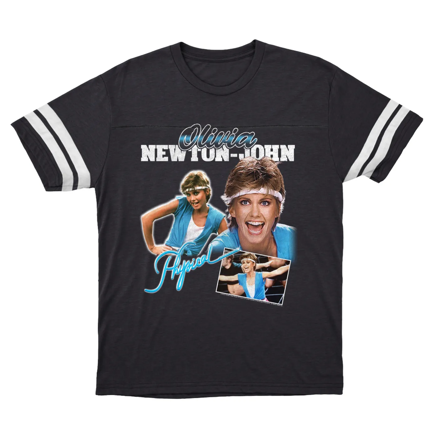Olivia Newton-John T-Shirt | Blue Physical Collage Distressed (Merchbar Exclusive) Olivia Newton John Football Shirt