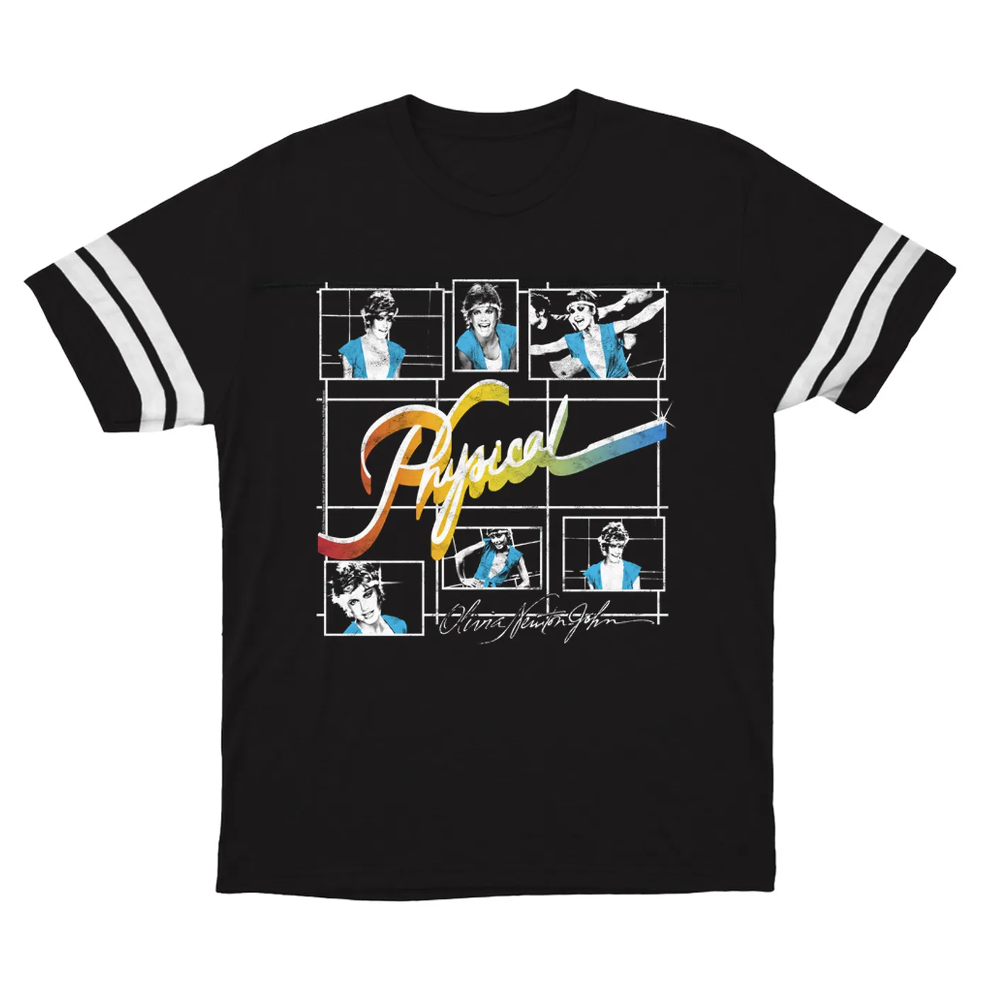 Olivia Newton-John T-Shirt | Colorful Ombre Physical Collage Distressed (Merchbar Exclusive) Olivia Newton John Football Shirt