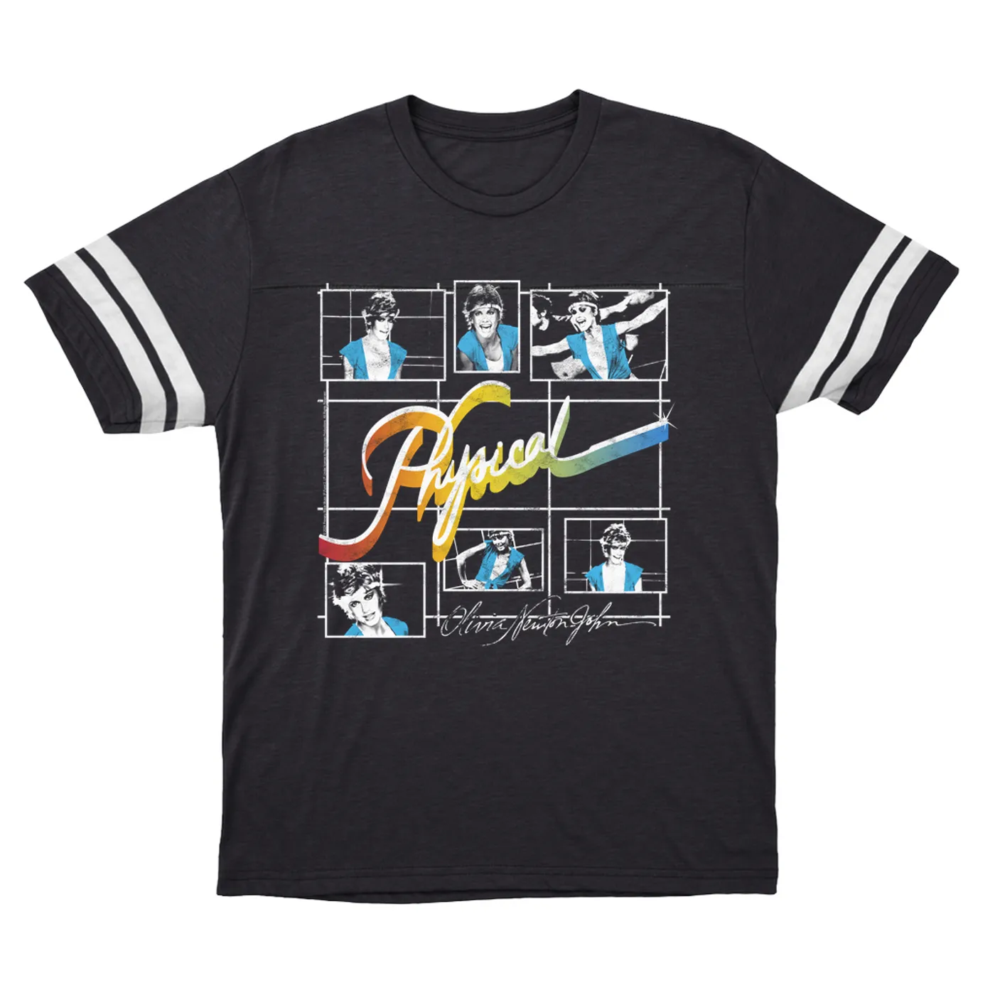 Olivia Newton-John T-Shirt | Colorful Ombre Physical Collage Distressed (Merchbar Exclusive) Olivia Newton John Football Shirt