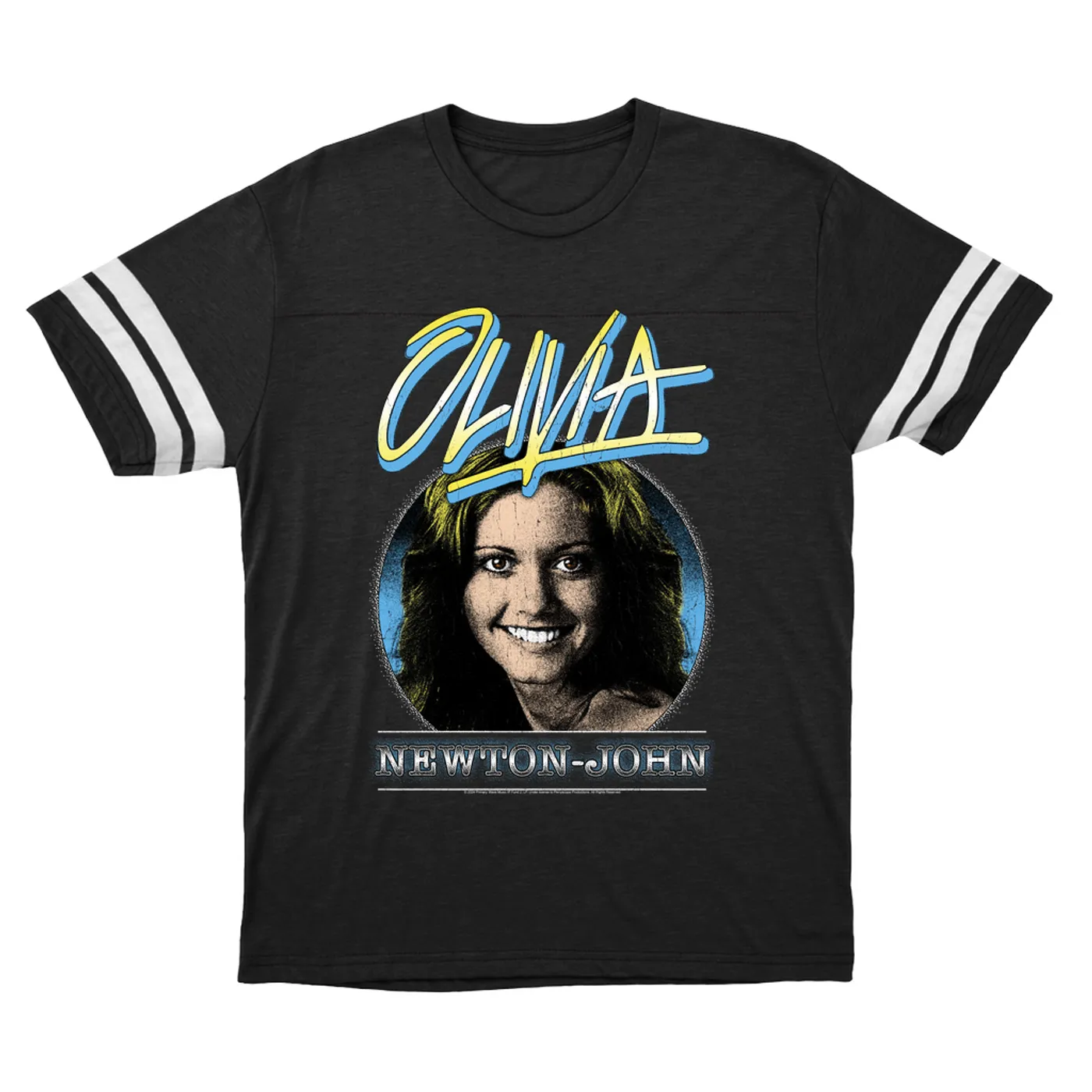 Olivia Newton-John T-Shirt | Yellow Blue OLIVIA Distressed Image Olivia Newton John Football Shirt