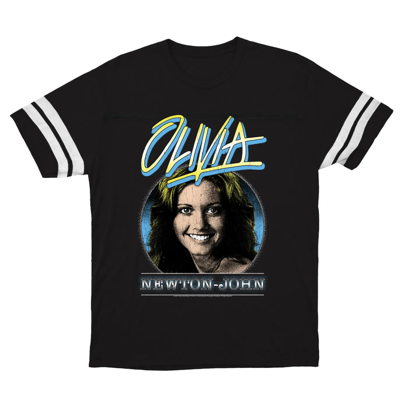 Olivia Newton-John T-Shirt | Yellow Blue OLIVIA Distressed Image Olivia Newton John Football Shirt