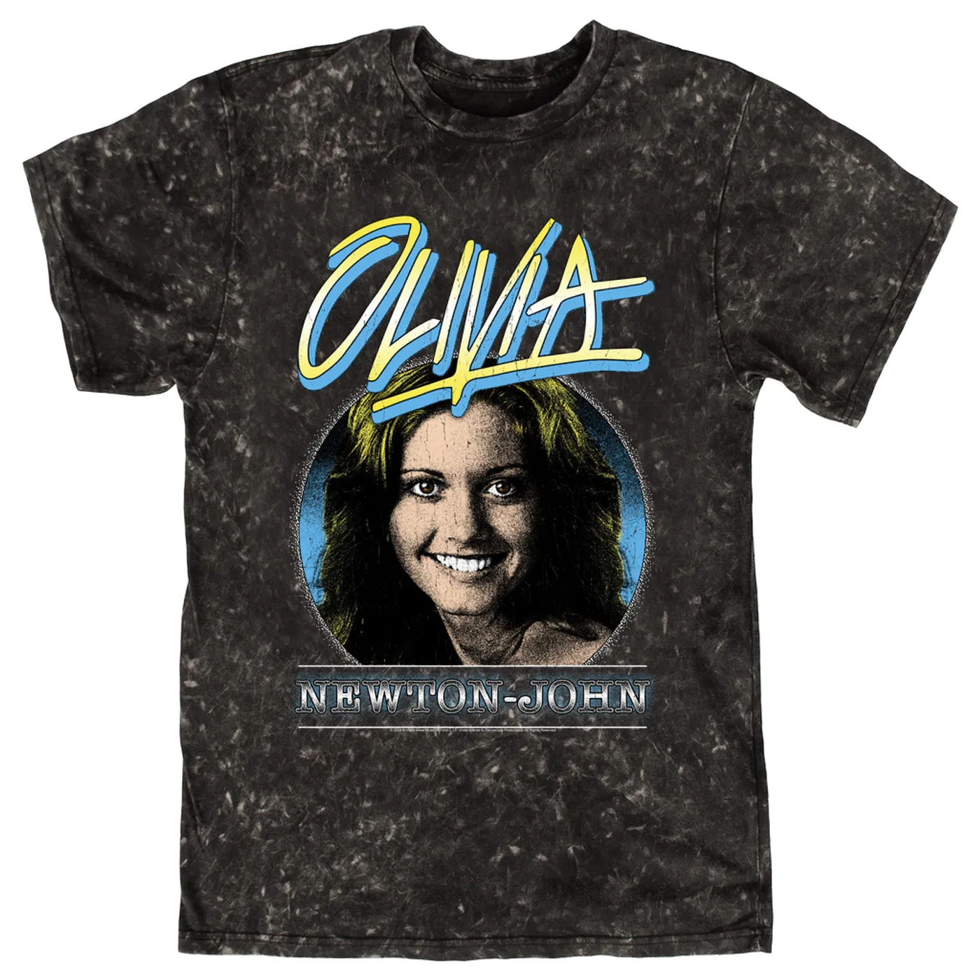 Olivia Newton-John T-shirt | Yellow Blue OLIVIA Distressed Image Olivia Newton John Mineral Wash Shirt