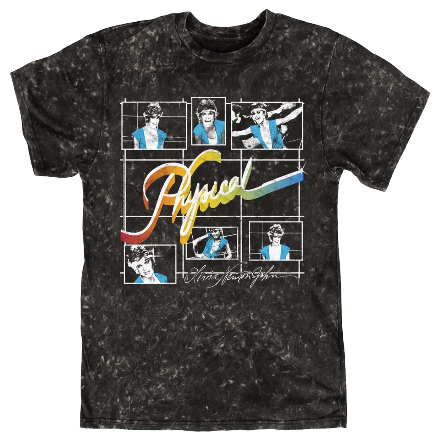 Olivia Newton-John T-shirt | Colorful Ombre Physical Collage Distressed (Merchbar Exclusive) Olivia Newton John Mineral Wash Shirt