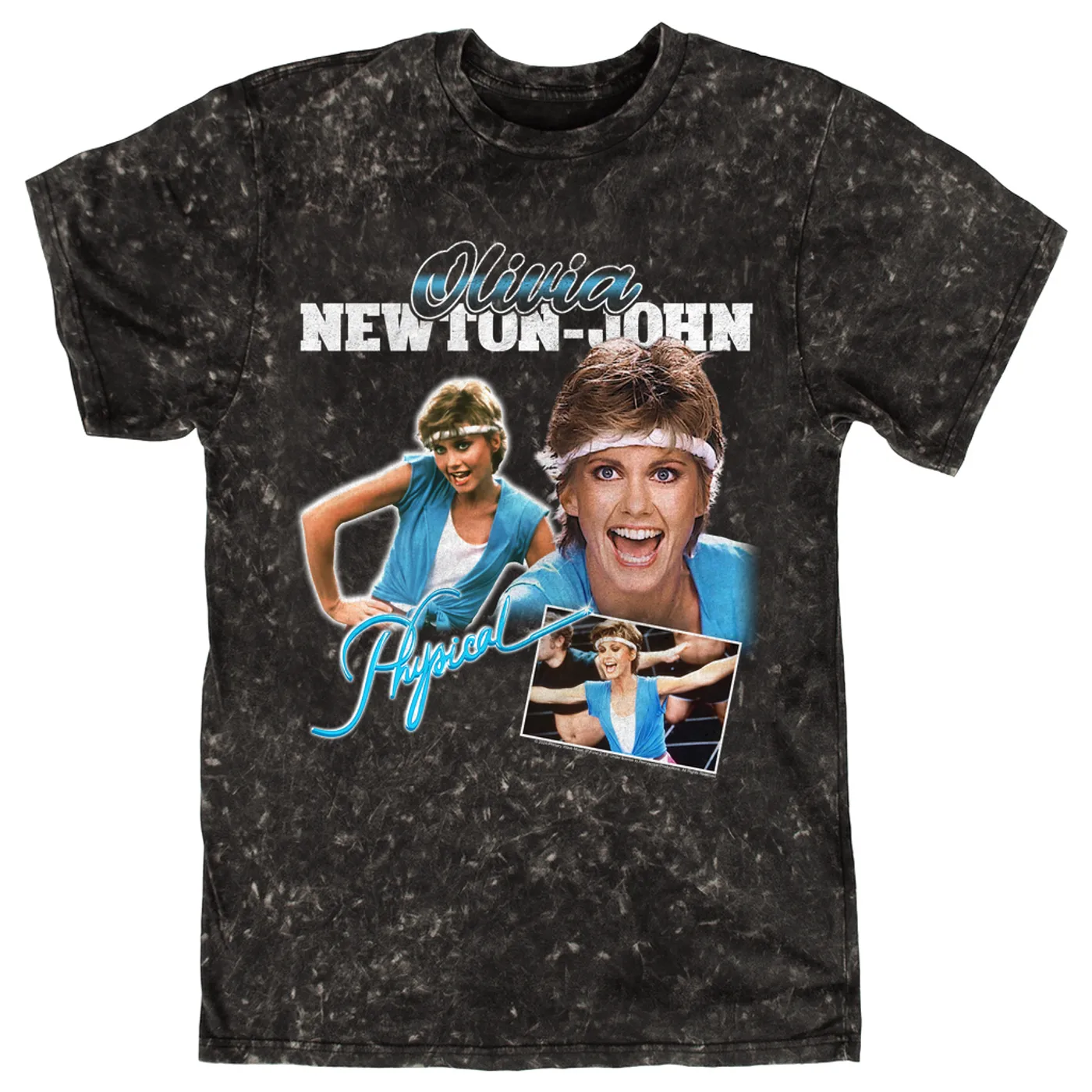 Olivia Newton-John T-shirt | Blue Physical Collage Distressed (Merchbar Exclusive) Olivia Newton John Mineral Wash Shirt