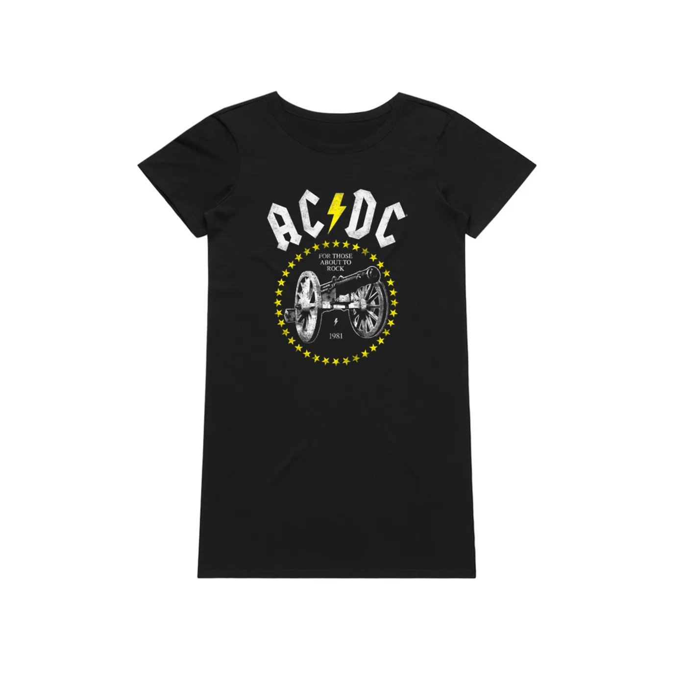 AC/DC Dress | 1981 For Those About To Rock Yellow Design Distressed (Merchbar Exclusive) ACDC T-Shirt Dress