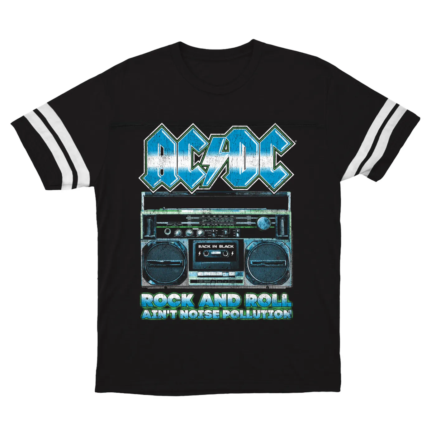 AC/DC T-Shirt | Rock N' Roll Ain't Noise Pollution Boombox Distressed (Merchbar Exclusive) ACDC Football Shirt
