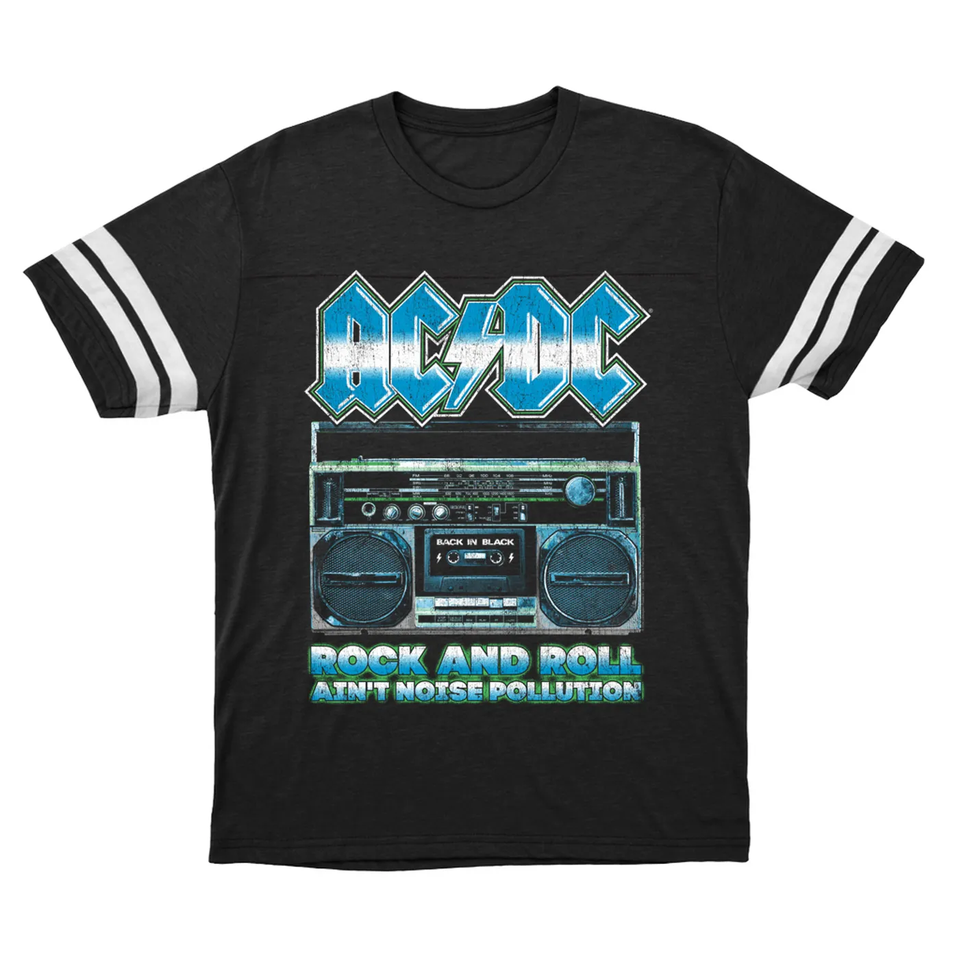 AC/DC T-Shirt | Rock N' Roll Ain't Noise Pollution Boombox Distressed (Merchbar Exclusive) ACDC Football Shirt