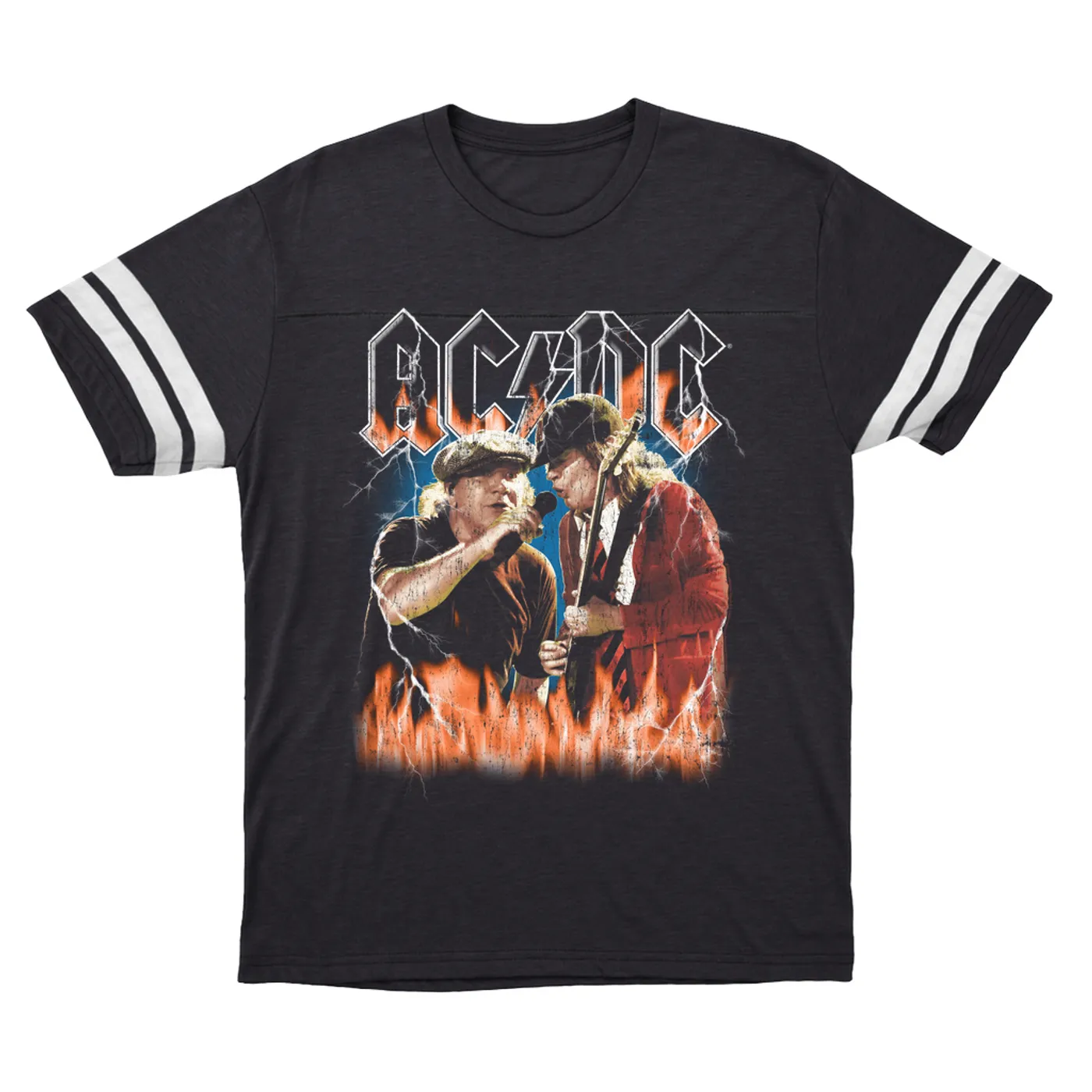 AC/DC T-Shirt | Rock Or Bust Malcolm And Angus In Flames Distressed (Merchbar Exclusive) ACDC Football Shirt