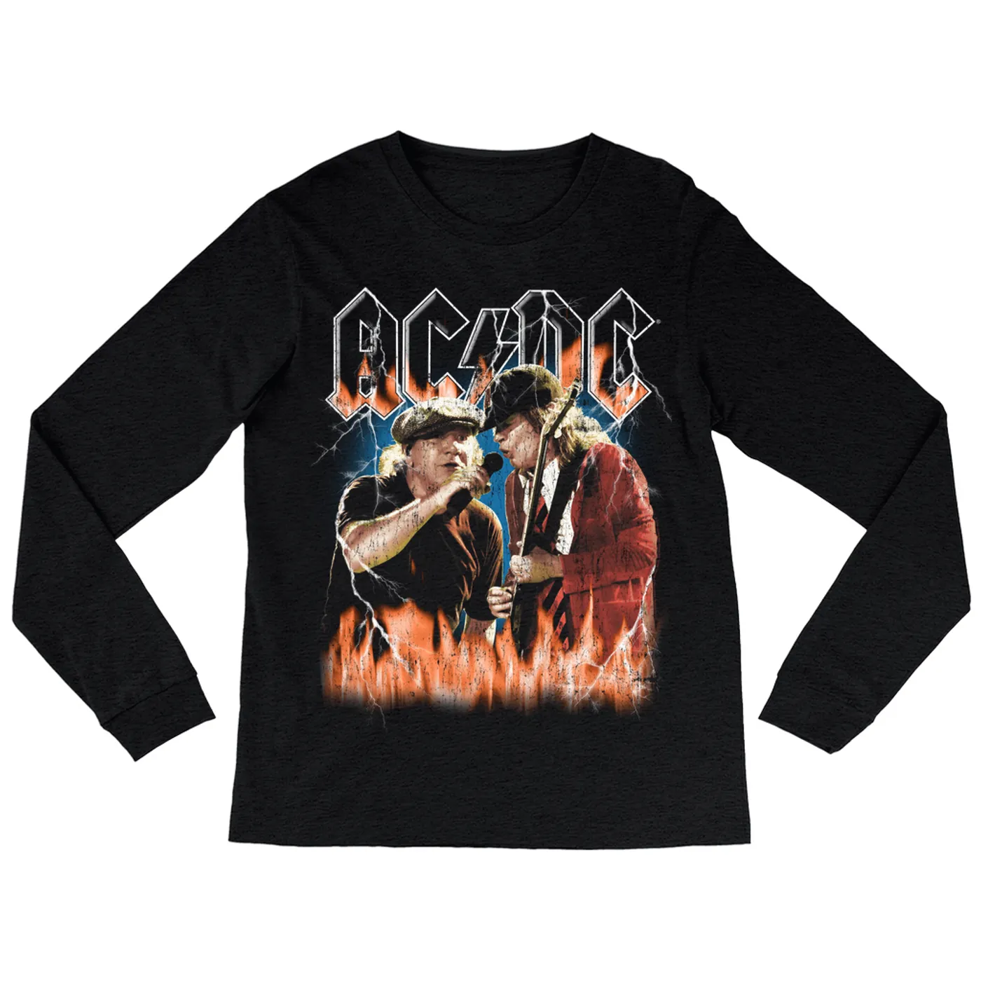AC/DC Long Sleeve Shirt | Rock Or Bust Malcolm And Angus In Flames Distressed (Merchbar Exclusive) ACDC Shirt