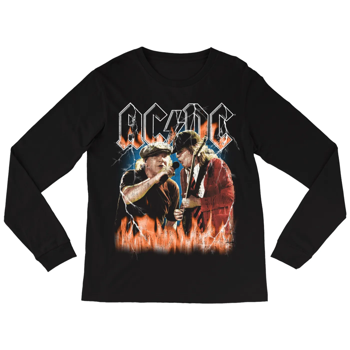 AC/DC Long Sleeve Shirt | Rock Or Bust Malcolm And Angus In Flames Distressed (Merchbar Exclusive) ACDC Shirt