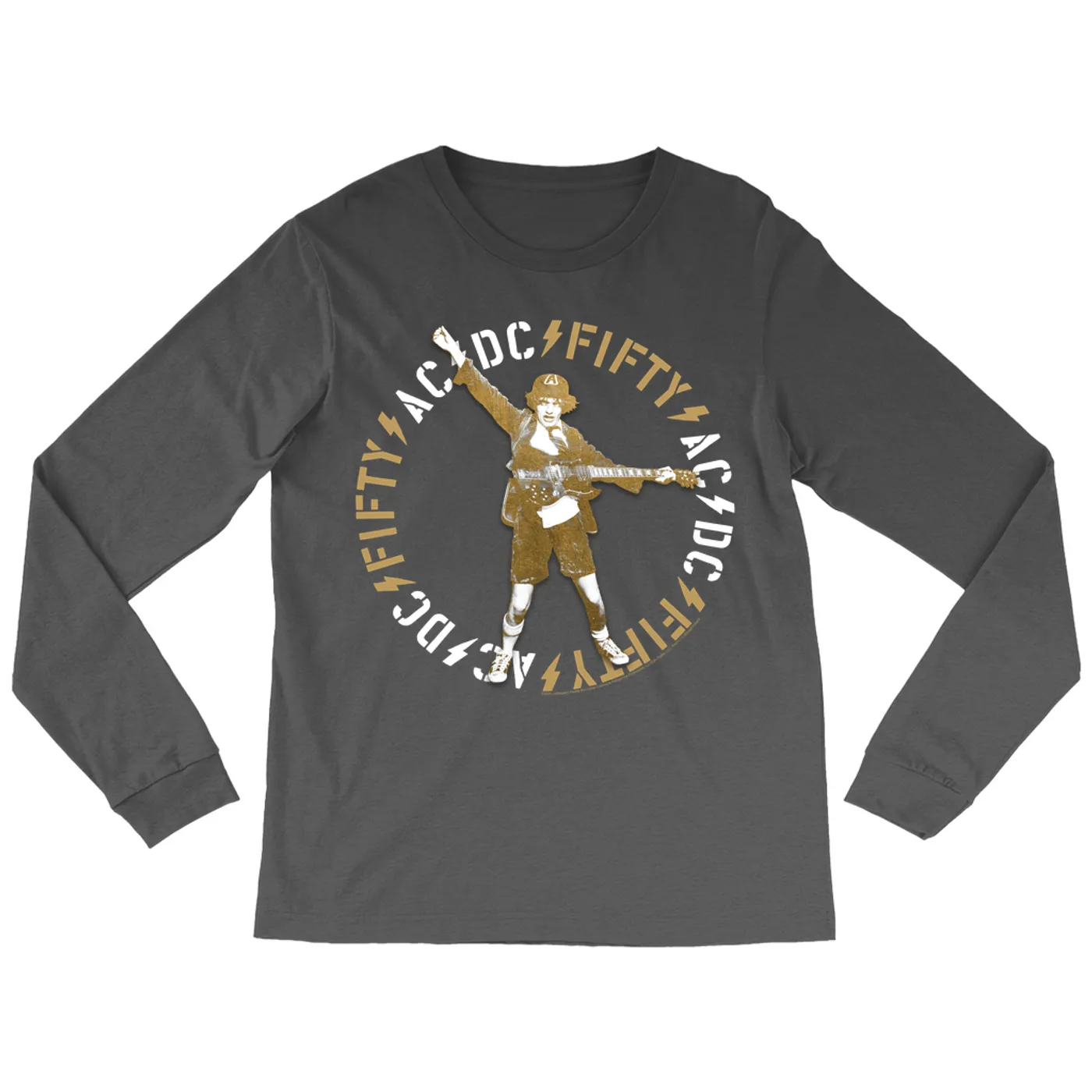 AC/DC Long Sleeve Shirt | Retro Angus 50th Anniversary Tan Circle Logo ACDC Shirt