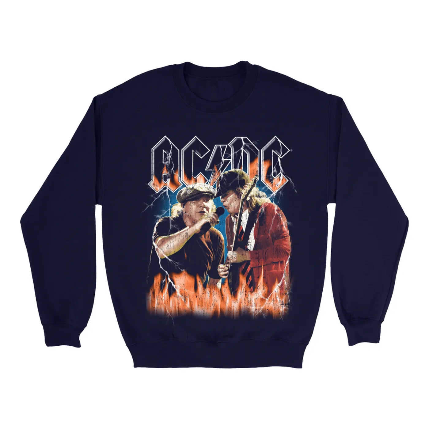 AC/DC Sweatshirt | Rock Or Bust Malcolm And Angus In Flames Distressed (Merchbar Exclusive) ACDC Sweatshirt