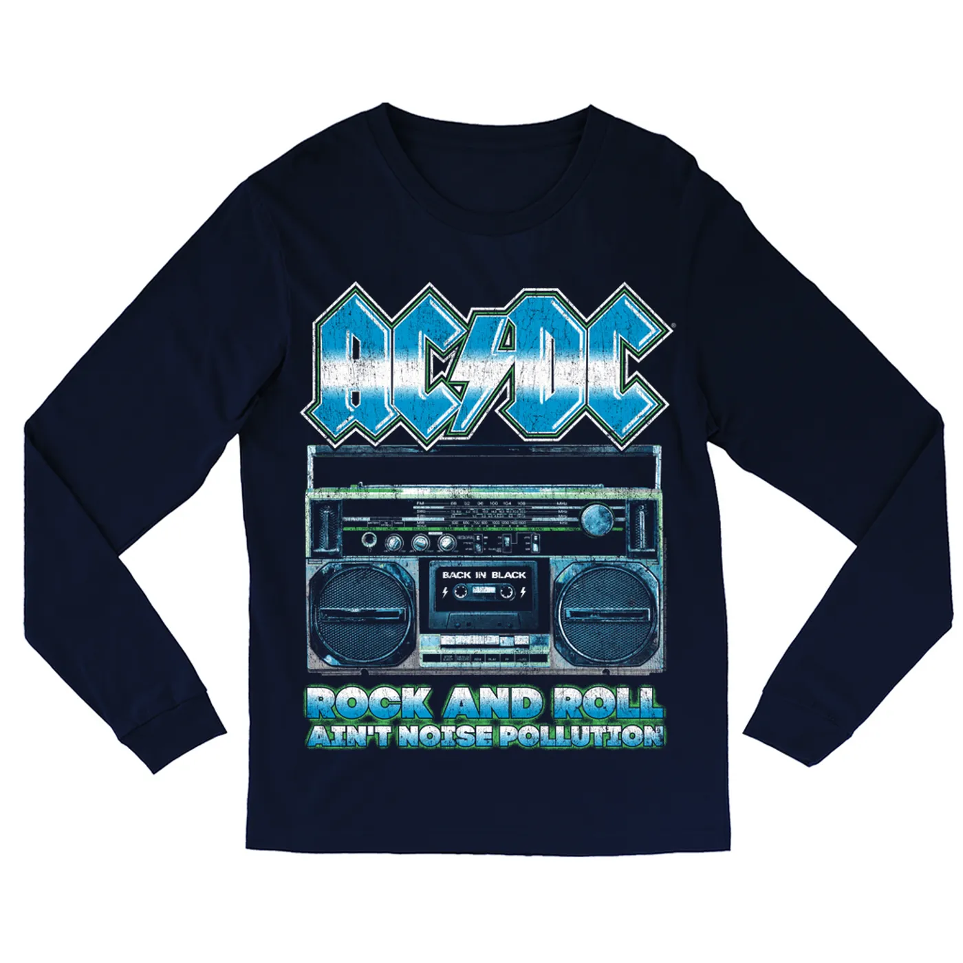 AC/DC Long Sleeve Shirt | Rock N' Roll Ain't Noise Pollution Boombox Distressed (Merchbar Exclusive) ACDC Shirt