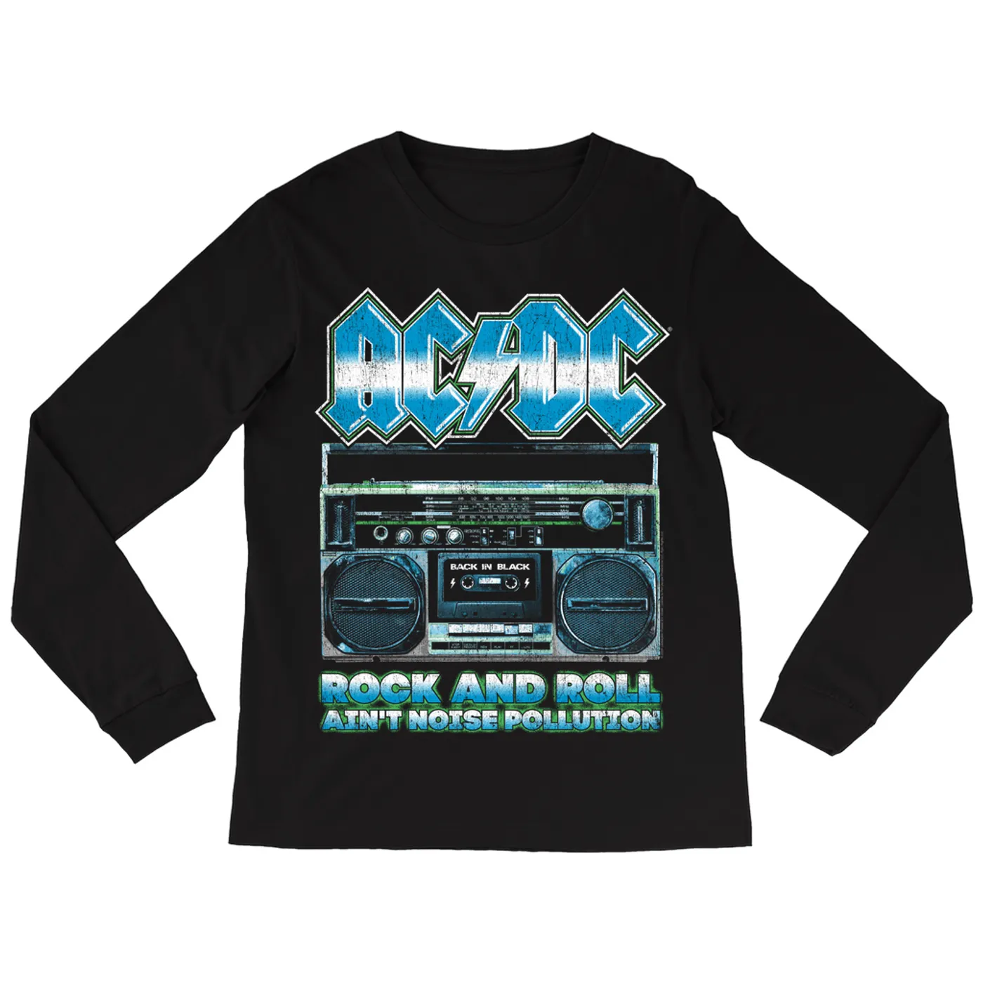 AC/DC Long Sleeve Shirt | Rock N' Roll Ain't Noise Pollution Boombox Distressed (Merchbar Exclusive) ACDC Shirt