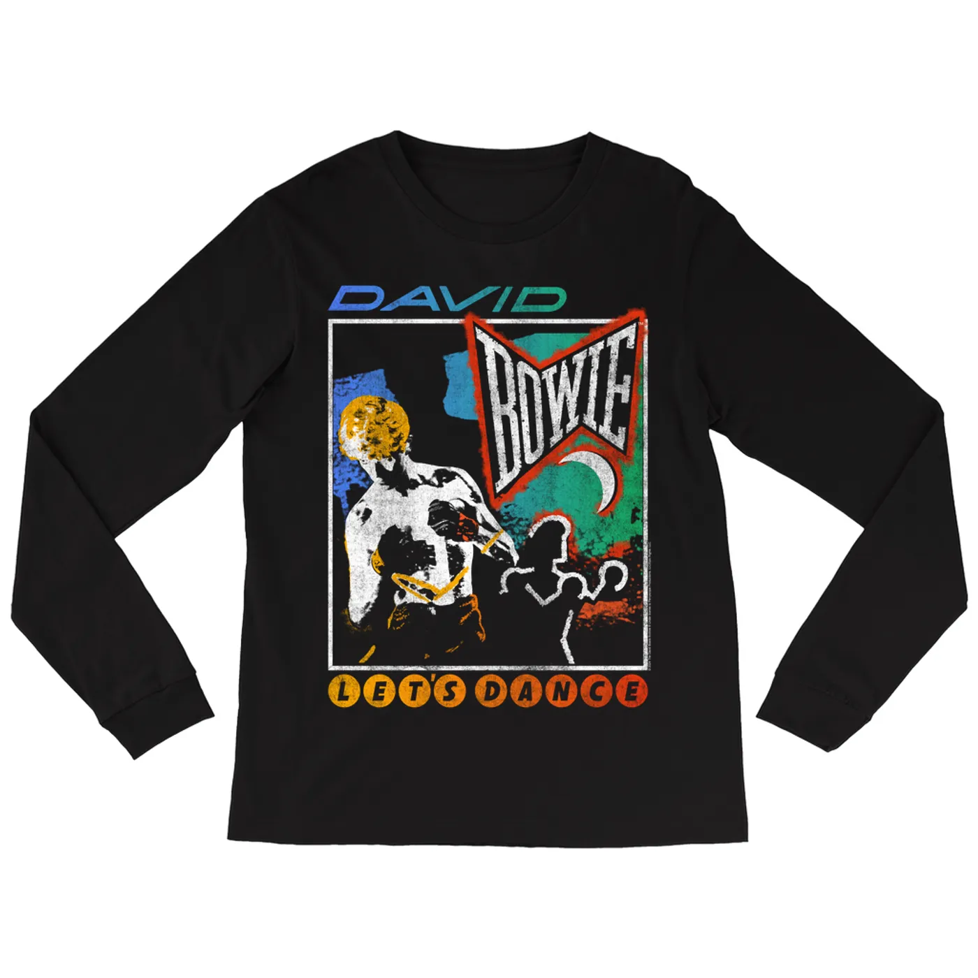 David Bowie Long Sleeve Shirt | Retro Colorful Ombre Let's Dance Album Design Distressed (Merchbar Exclusive) David Bowie Shirt