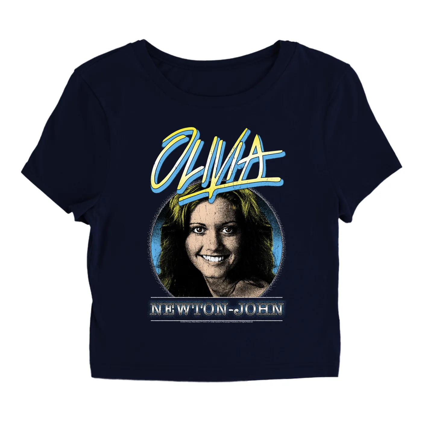 Olivia Newton-John Women's T-Shirt | Yellow Blue OLIVIA Distressed Image Olivia Newton John Baby Tee