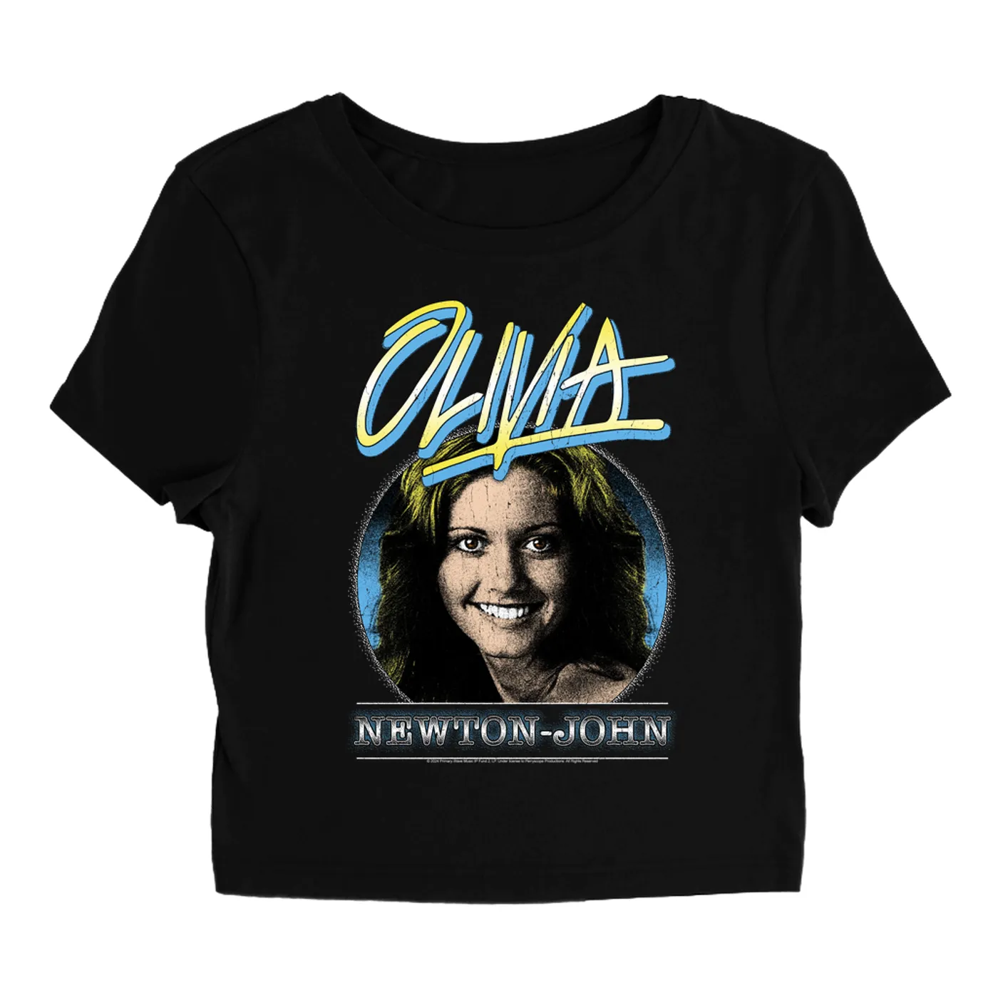 Olivia Newton-John Women's T-Shirt | Yellow Blue OLIVIA Distressed Image Olivia Newton John Baby Tee