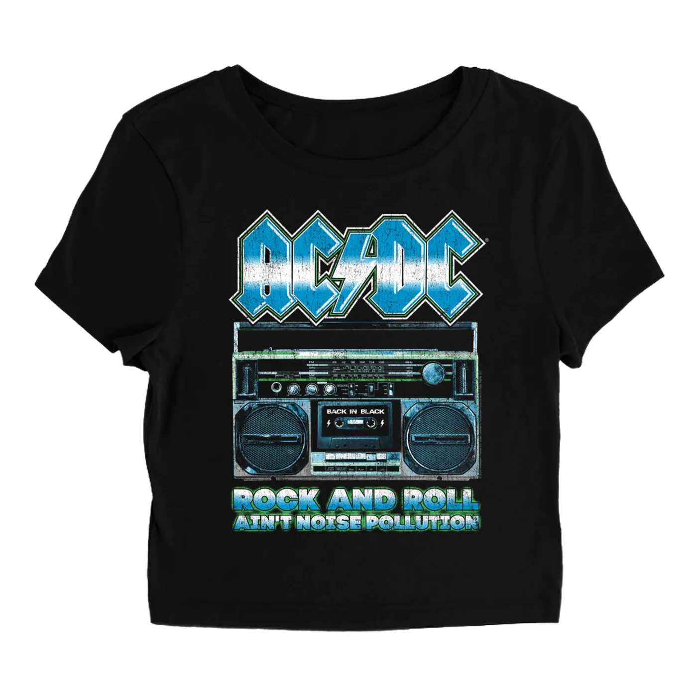 AC/DC Women's T-Shirt | Rock N' Roll Ain't Noise Pollution Boombox Distressed (Merchbar Exclusive) ACDC Baby Tee
