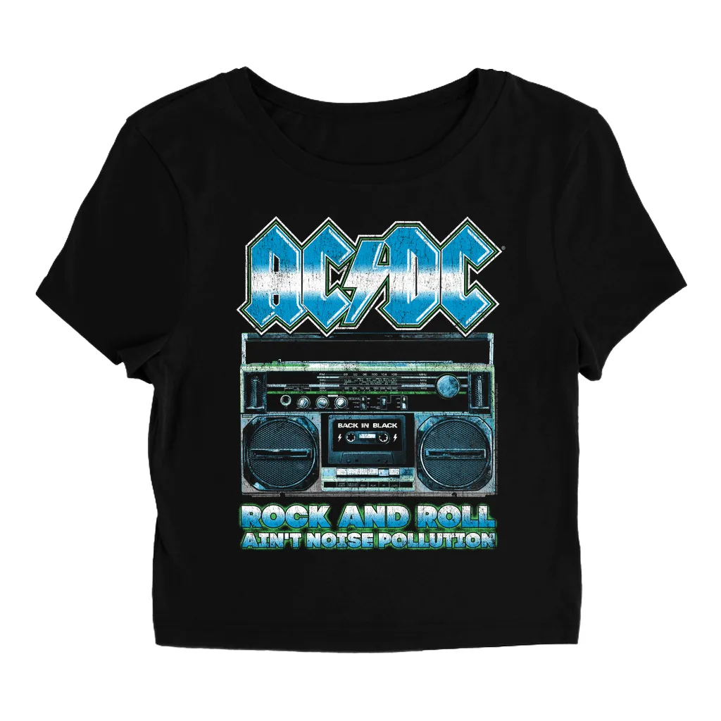 Women's T-Shirt | Rock N' Roll Ain't Noise Pollution Boombox Distressed (Equineop Exclusive) Baby Tee
