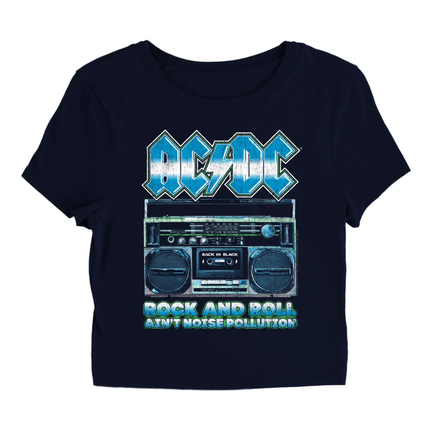 AC/DC Women's T-Shirt | Rock N' Roll Ain't Noise Pollution Boombox Distressed (Merchbar Exclusive) ACDC Baby Tee
