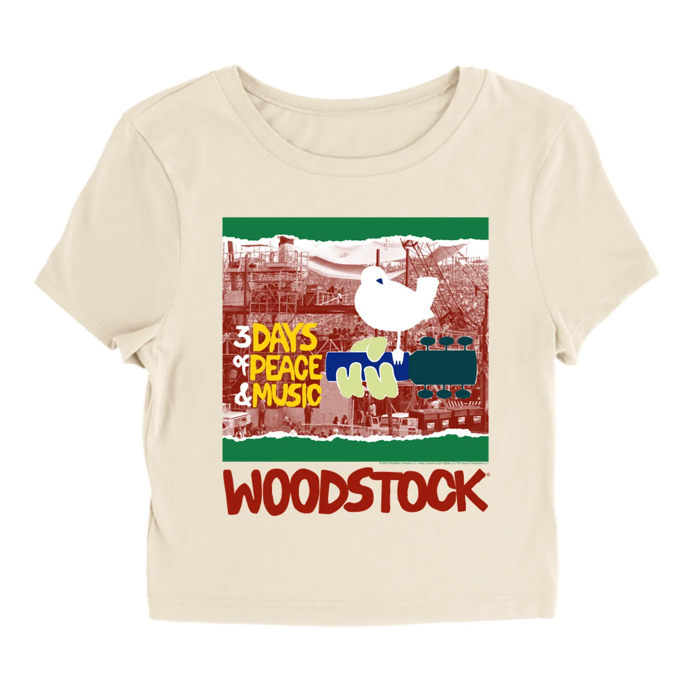 Woodstock Women's T-Shirt | Red, Green 3 Days Of Peace Structure Design (Merchbar Exclusive) Woodstock Baby Tee