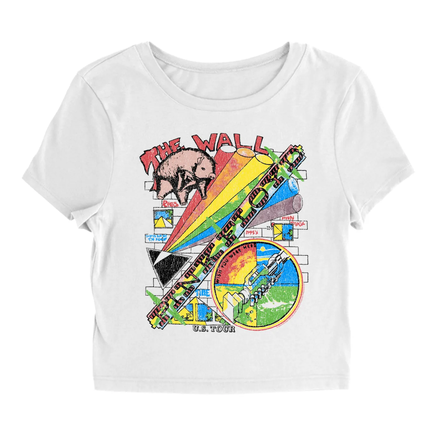 Pink Floyd Women's T-Shirt | The Wall U.S. Tour Sketch Distressed Pink Floyd Baby Tee