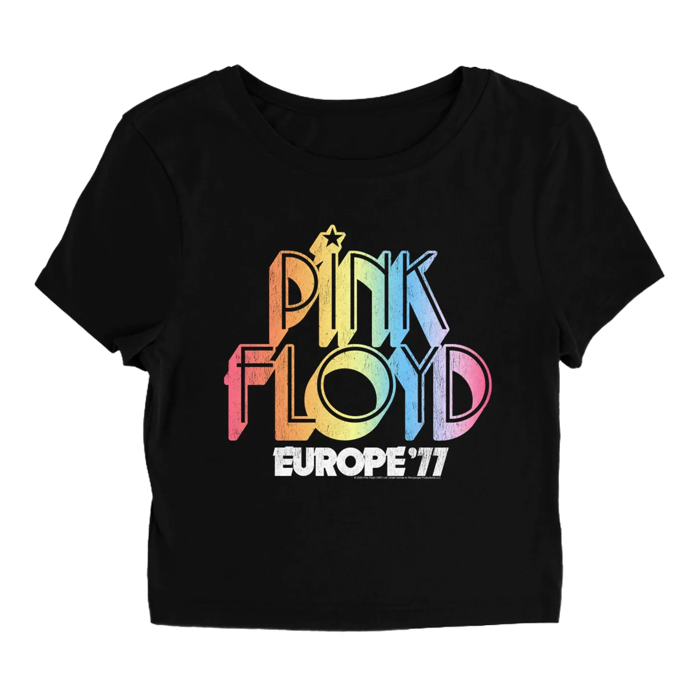 Pink Floyd Women's T-Shirt | Europe '77 Rainbow Ombre Tour Distressed Pink Floyd Baby Tee