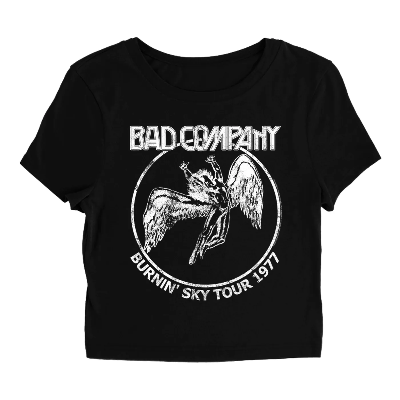 Bad Company Women's T-Shirt | Burnin' The Sky Tour Angel 1977 Distressed Bad Company Baby Tee