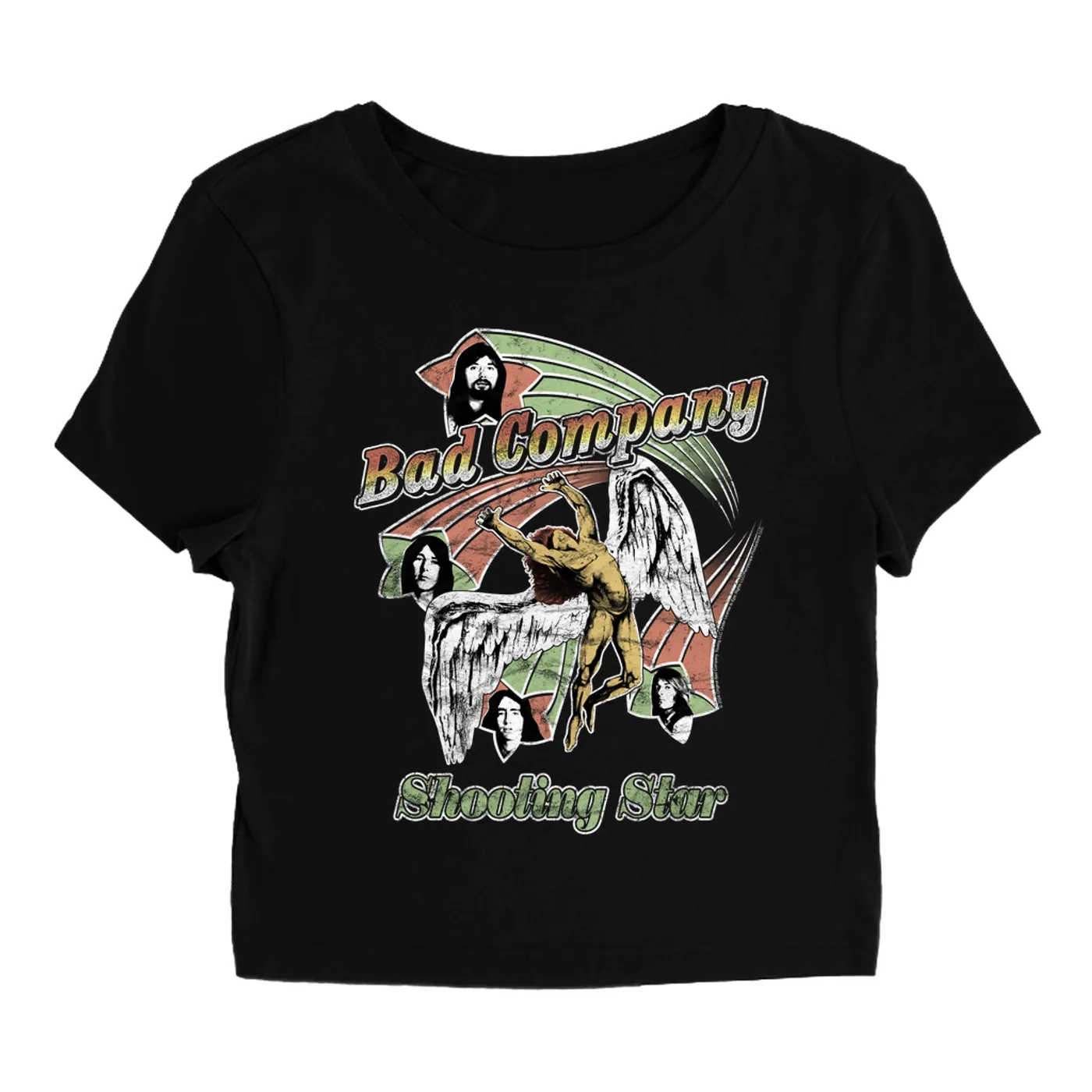 Bad Company Women's T-Shirt | Retro Bad Company Shooting Star '75 Distressed Bad Company Baby Tee