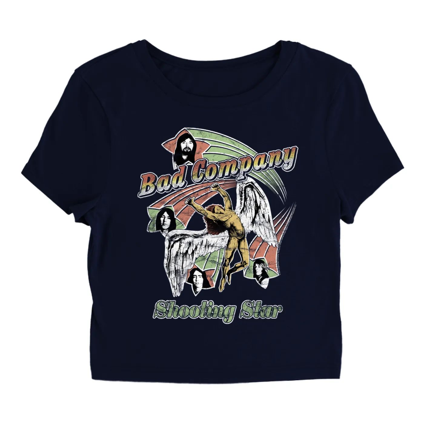 Bad Company Women's T-Shirt | Retro Bad Company Shooting Star '75 Distressed Bad Company Baby Tee