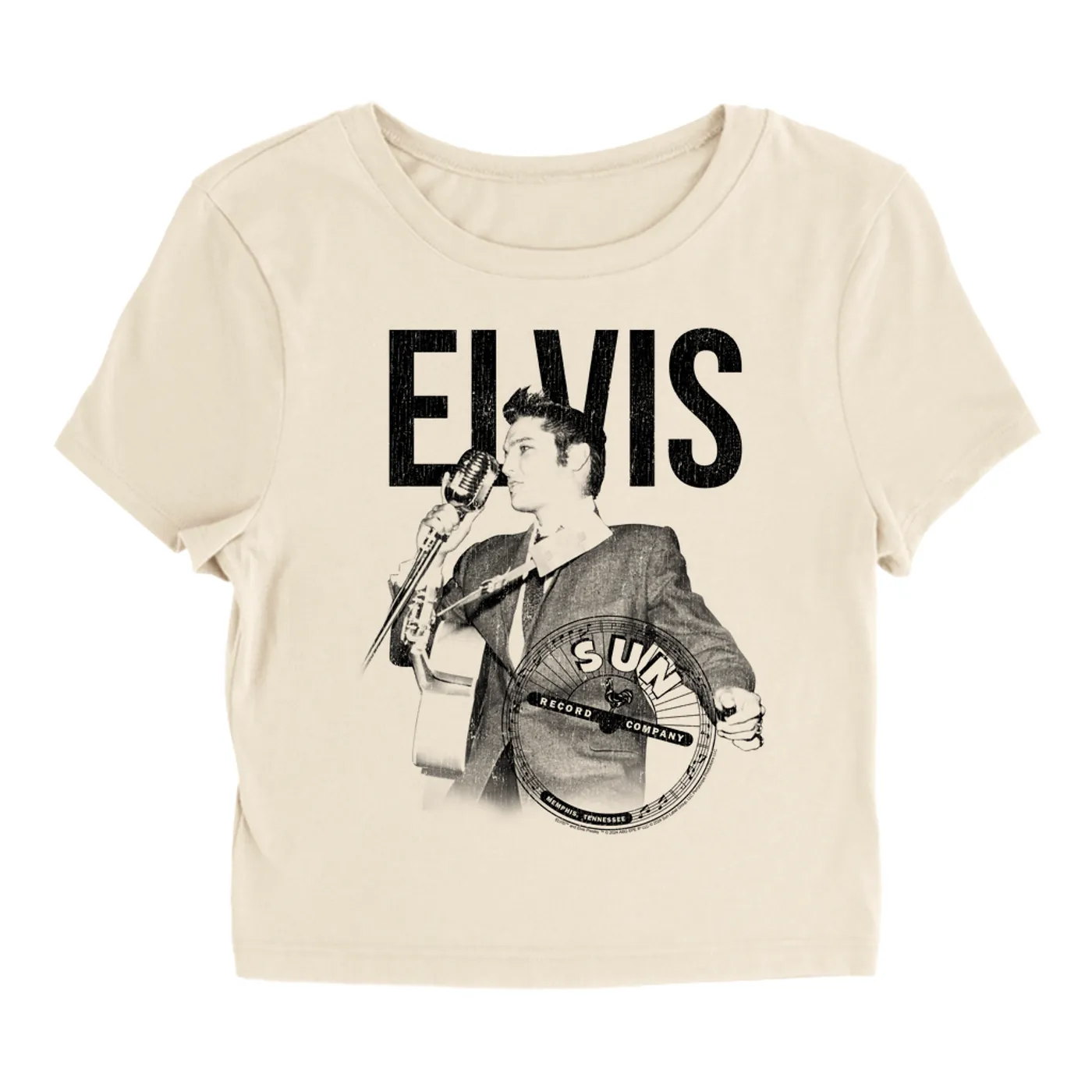 Sun Records Women's T-Shirt | Elvis Solo Live Black Distressed Sun Records Baby Tee