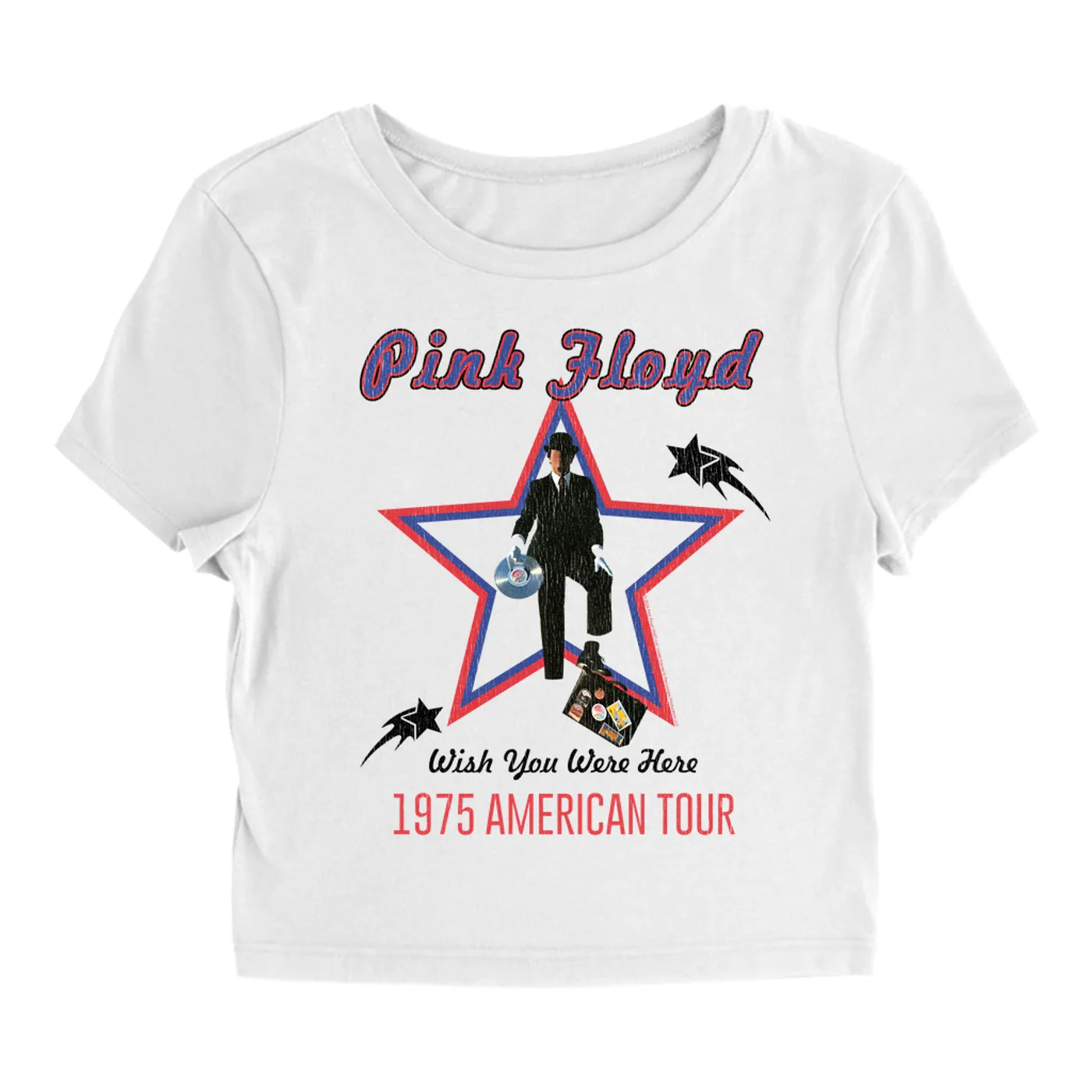 Pink Floyd Women's T-Shirt | Wish You Were Here 1975 American Tour Distressed Pink Floyd Baby Tee