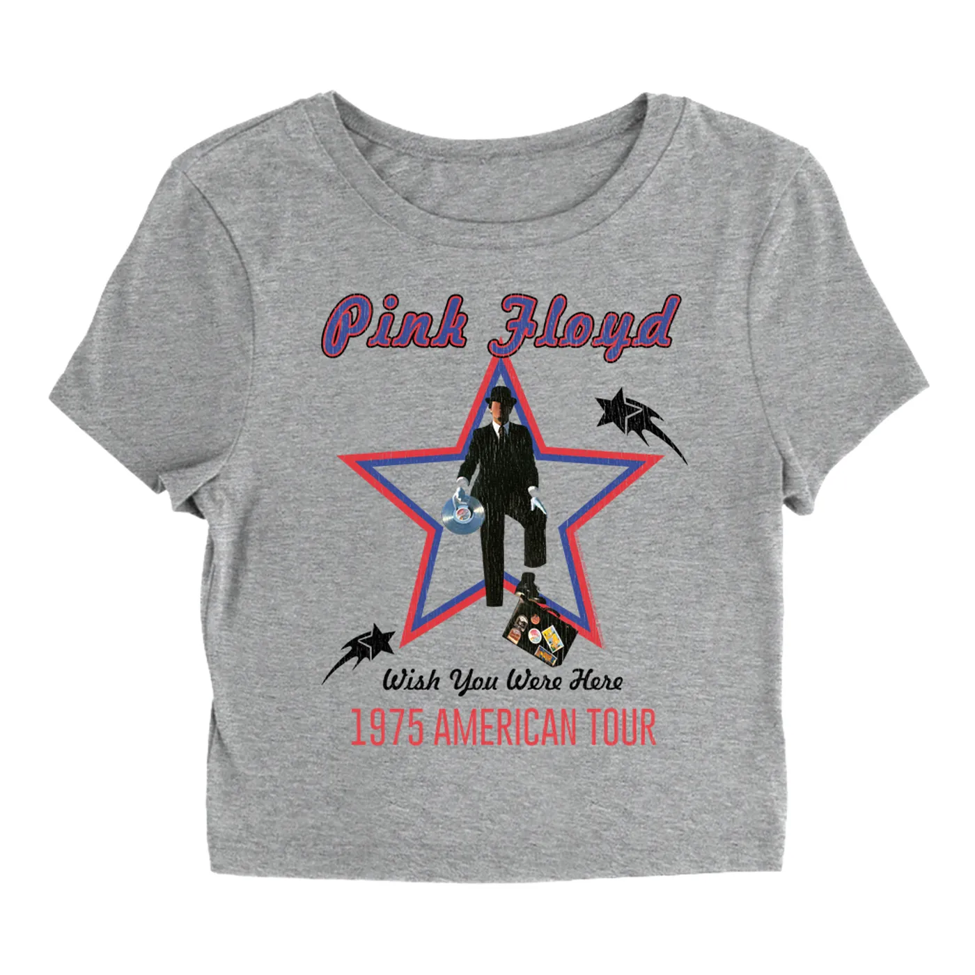 Pink Floyd Women's T-Shirt | Wish You Were Here 1975 American Tour Distressed Pink Floyd Baby Tee