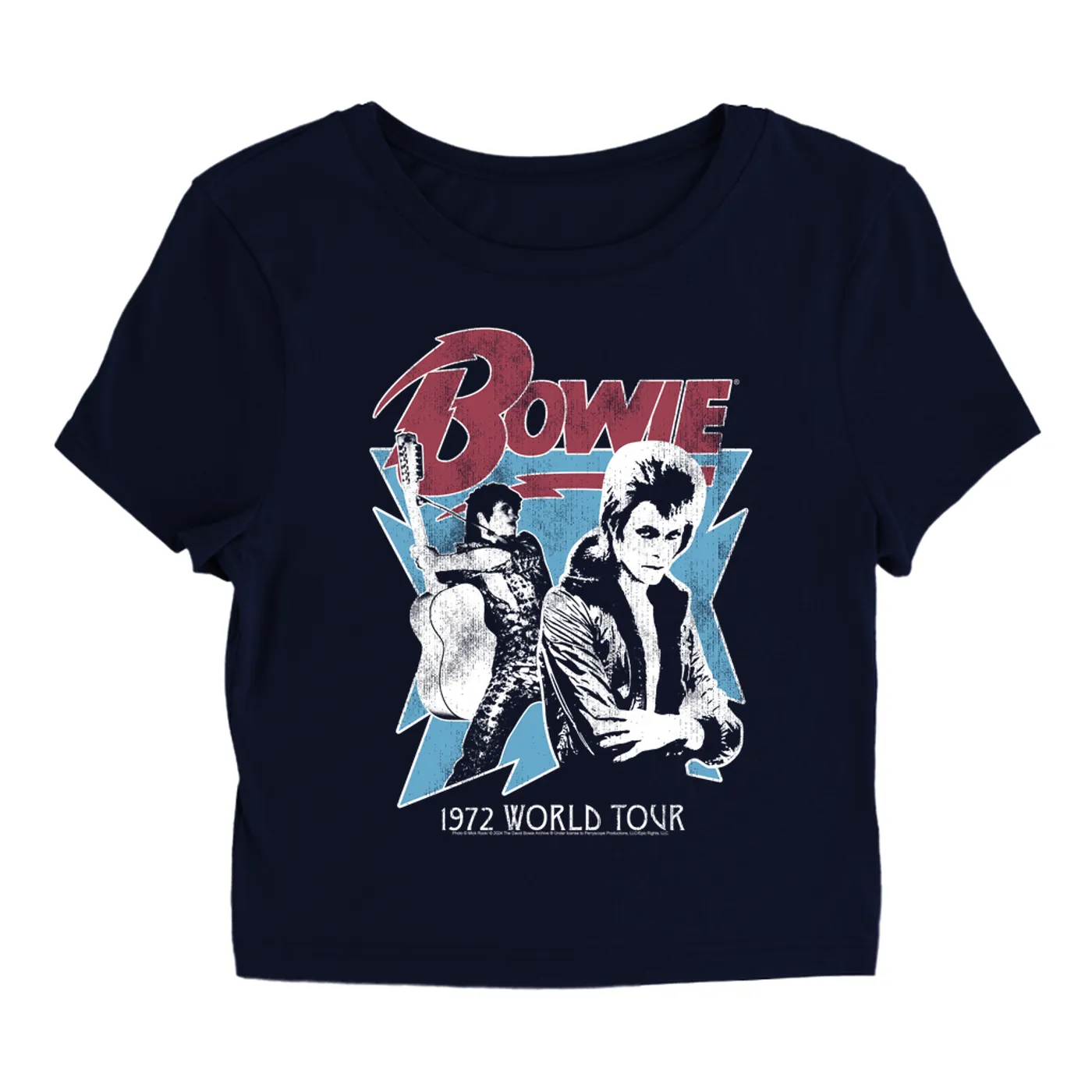 David Bowie Women's T-Shirt | 1972 World Tour Blue Design Distressed David Bowie Baby Tee