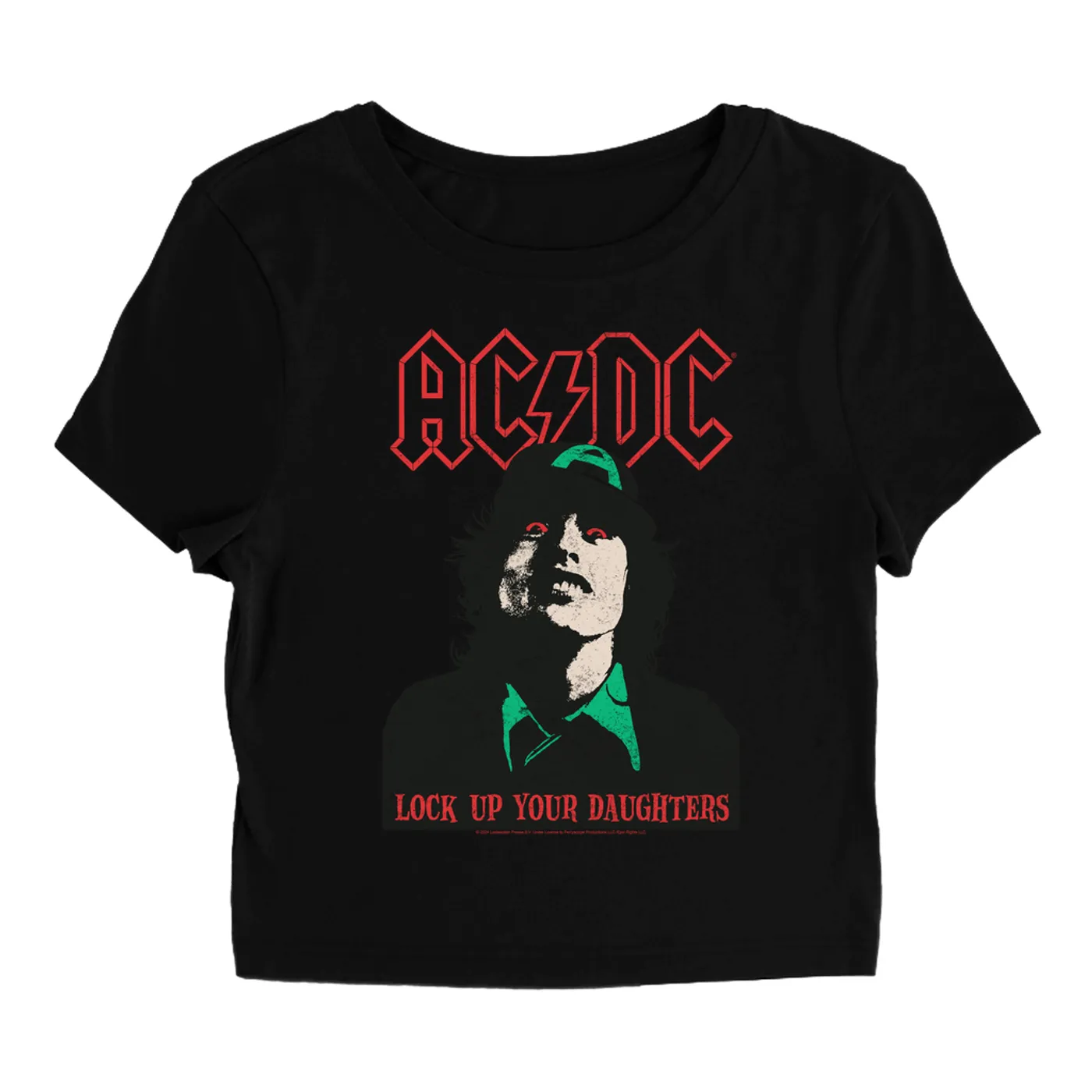 AC/DC Women's T-Shirt | Lock Up Your Daughters Seeing Red Distressed ACDC Baby Tee