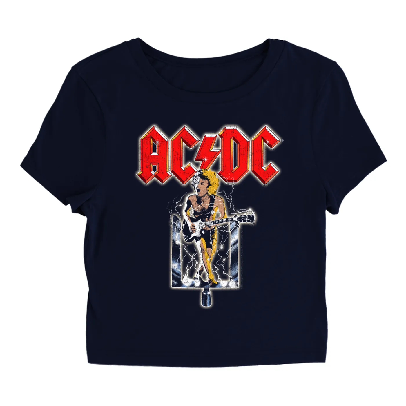 AC/DC Women's T-Shirt | Angus On The Switch Distressed ACDC Baby Tee
