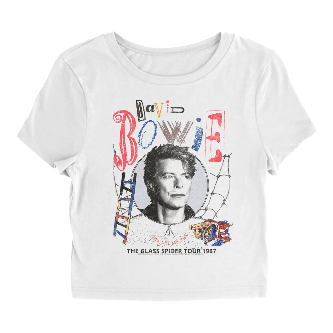 David Bowie Women's T-Shirt | Never Let Me Down The Glass Spider Tour 1987 Distressed David Bowie Baby Tee