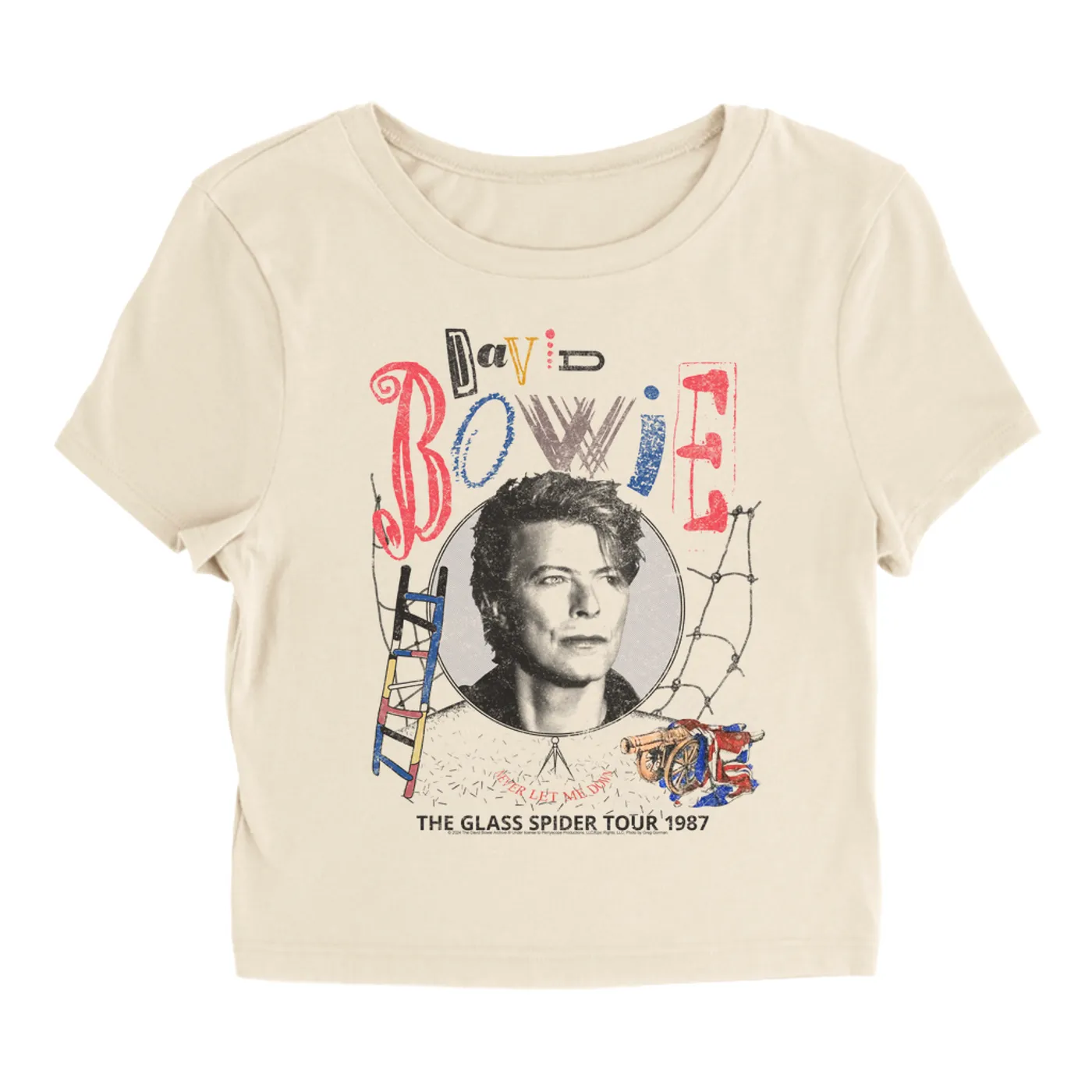 David Bowie Women's T-Shirt | Never Let Me Down The Glass Spider Tour 1987 Distressed David Bowie Baby Tee