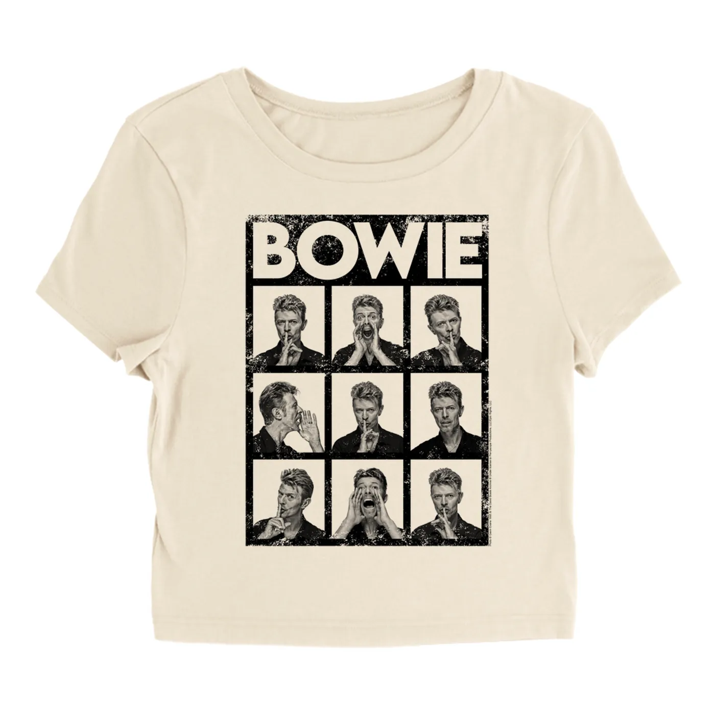 David Bowie Women's T-Shirt | Black And White Photo Shoot Collage Design Distressed (Merchbar Exclusive) David Bowie Baby Tee