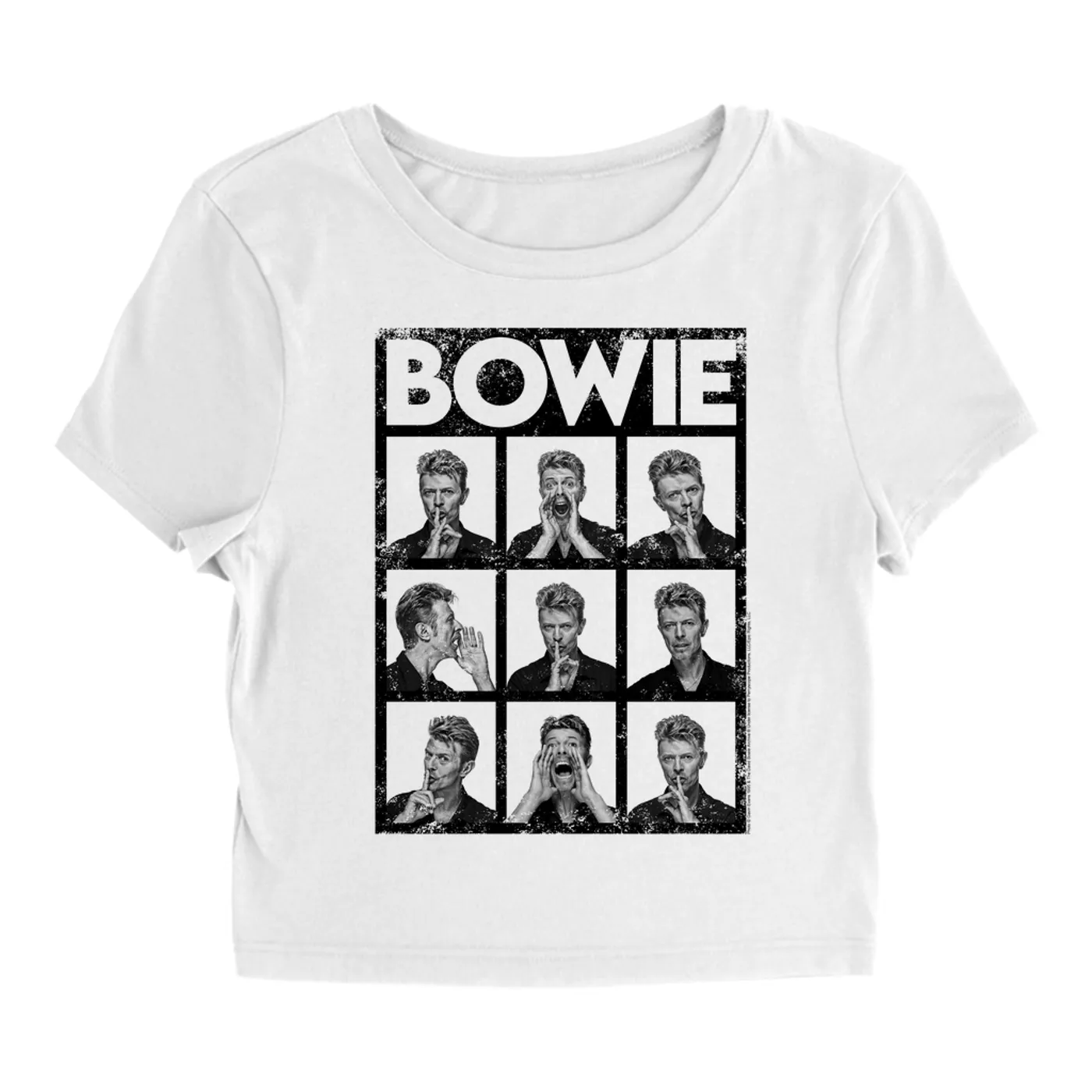 David Bowie Women's T-Shirt | Black And White Photo Shoot Collage Design Distressed (Merchbar Exclusive) David Bowie Baby Tee